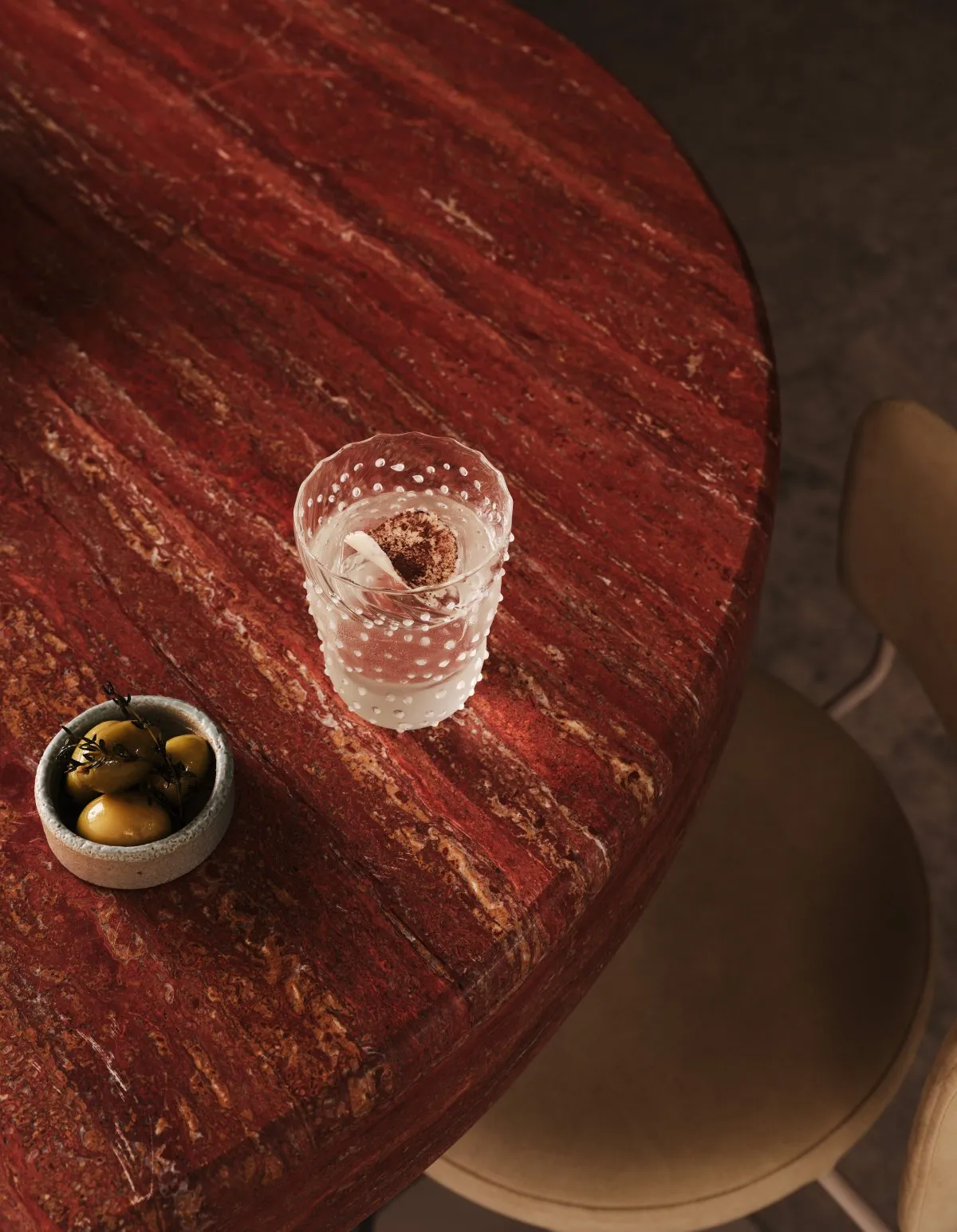 A modern cocktail table made of marble.