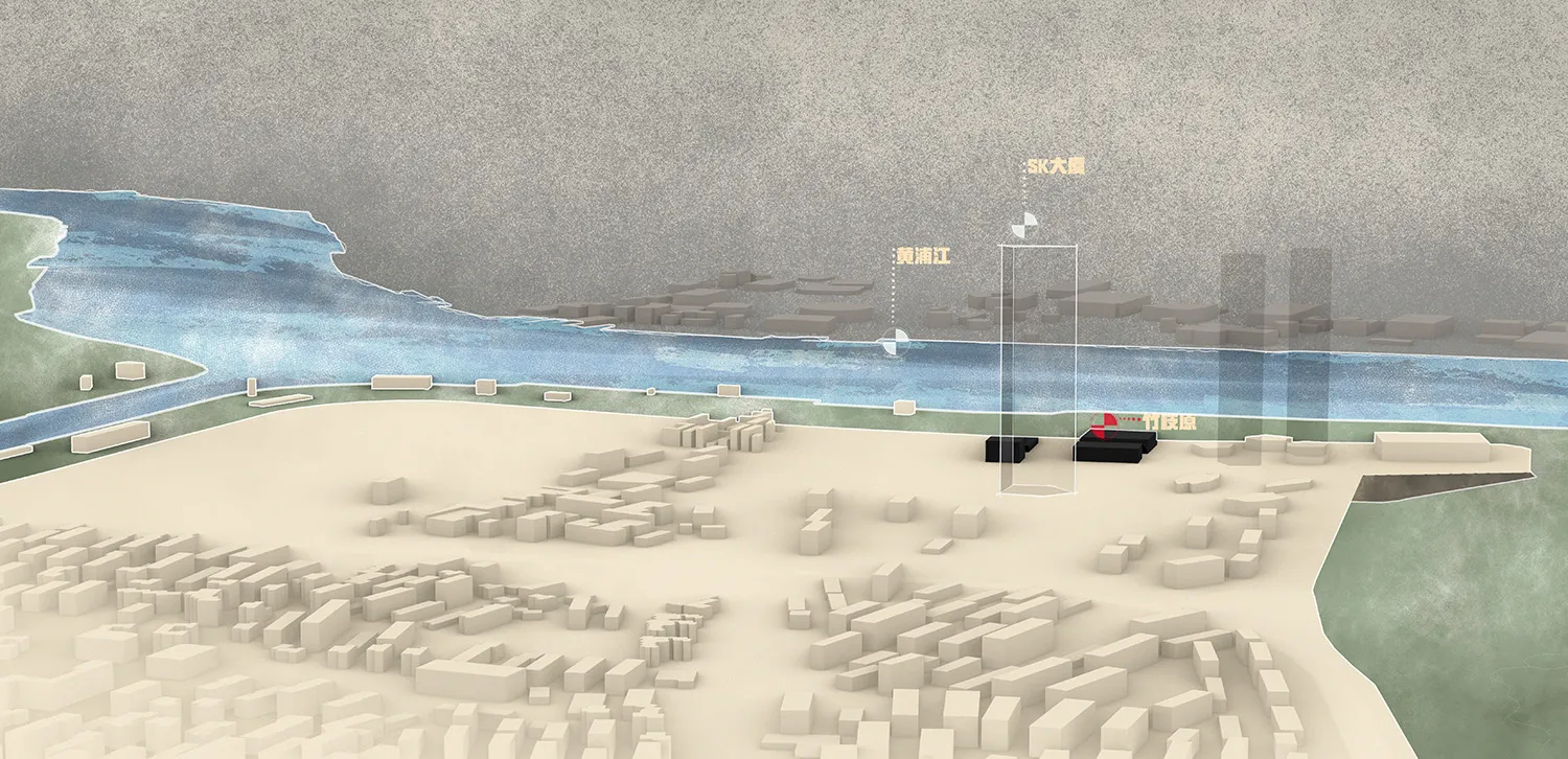 Detailed cityscape model with buildings and water body