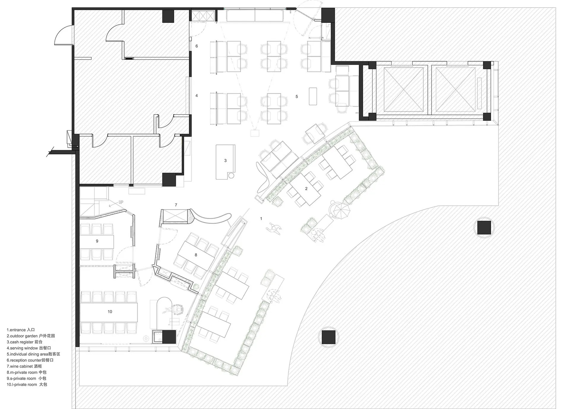Simplified architectural drawing of a restaurant's interior layout, including sections for individual dining tables, receptio