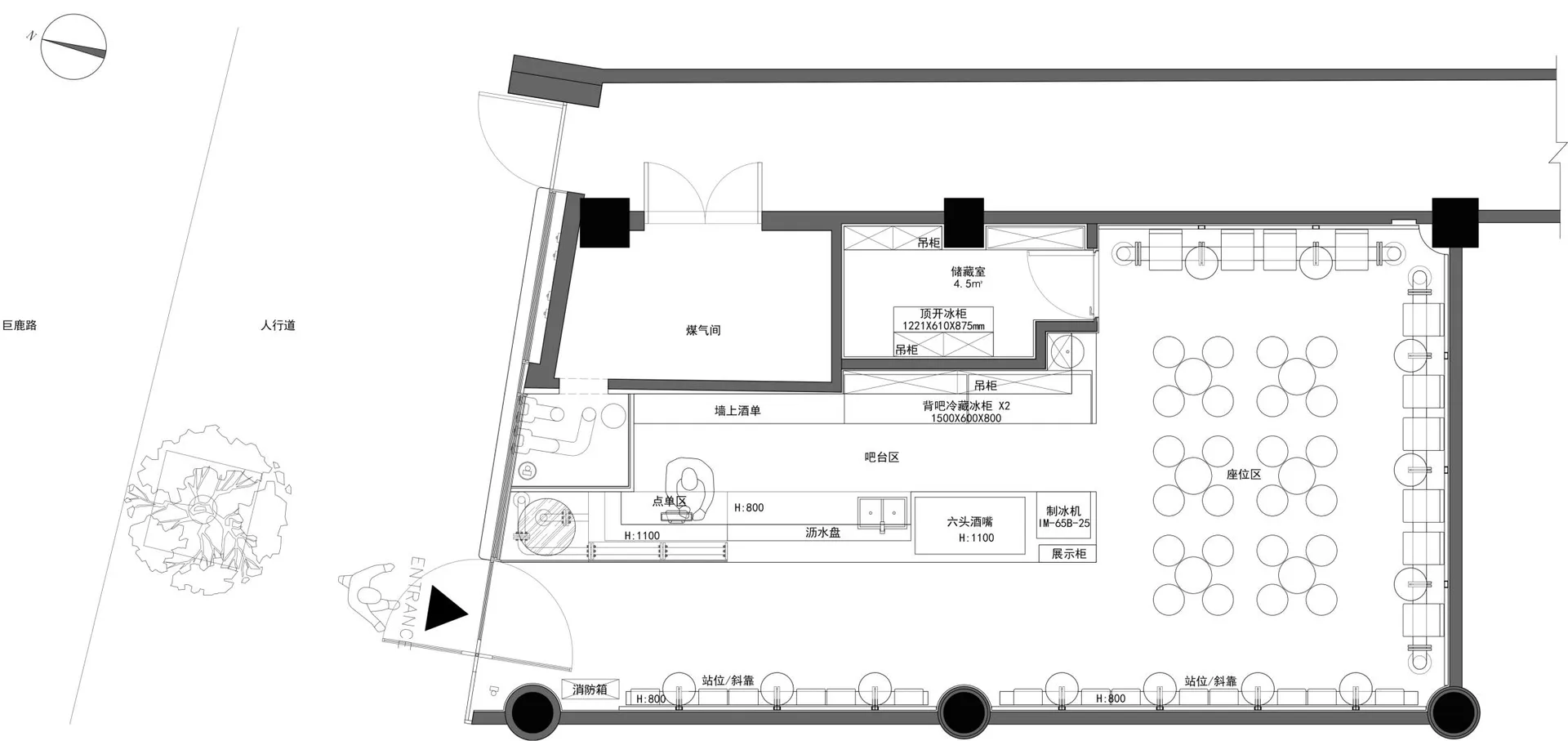 2D architectural drawing of a modern restaurant interior with mixed materials and contemporary design.