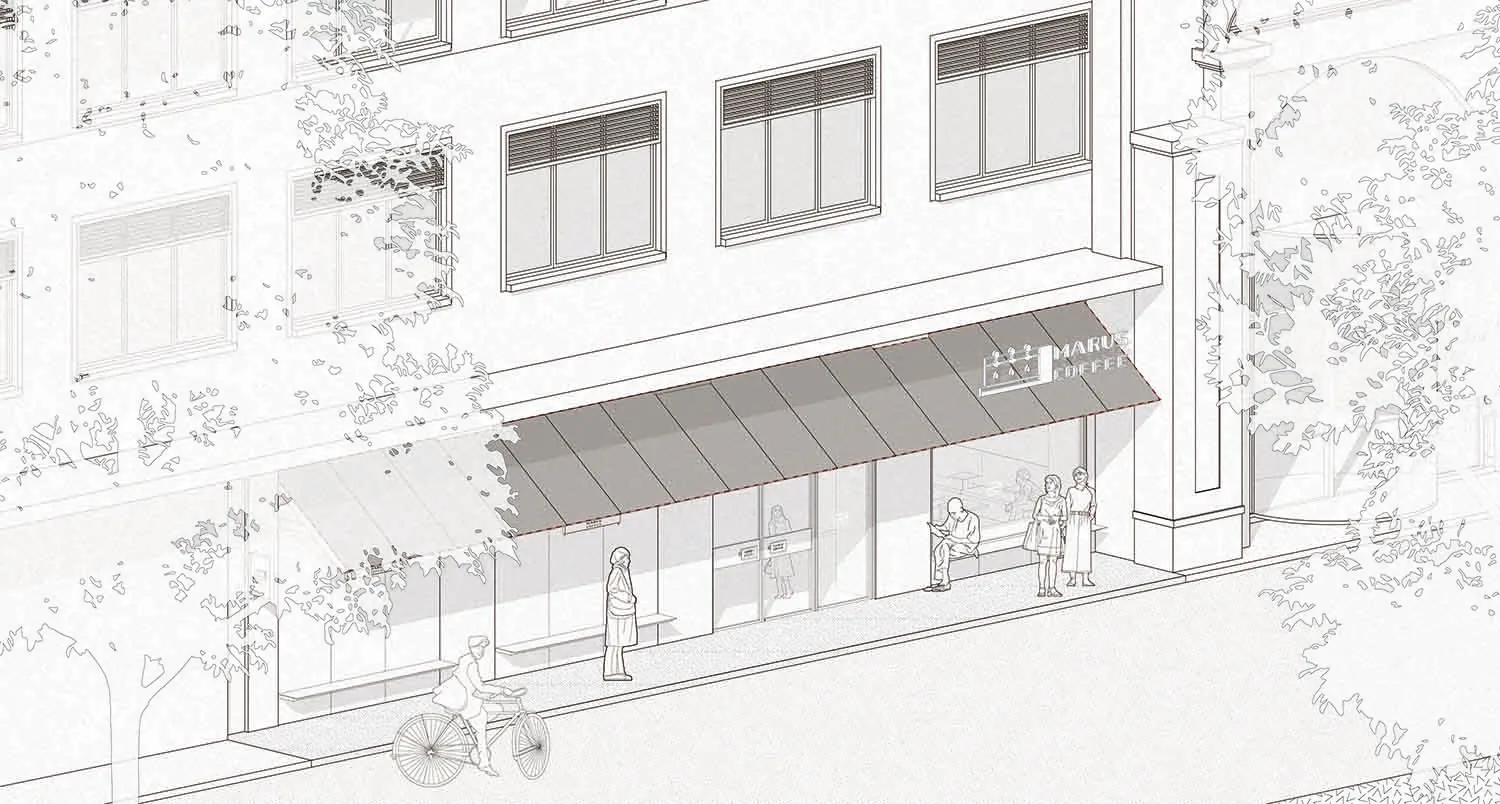 A black and white architectural drawing depicting a modern retail storefront with glass and concrete materials.