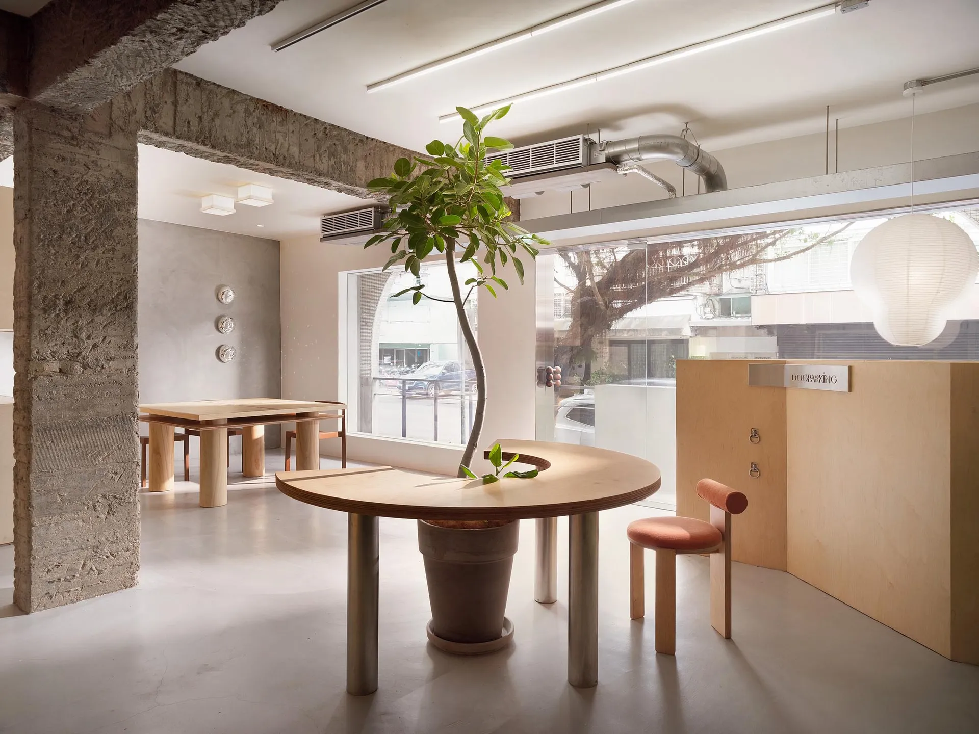 Modern cafe interior with wood and concrete elements, featuring a tree and seating area.