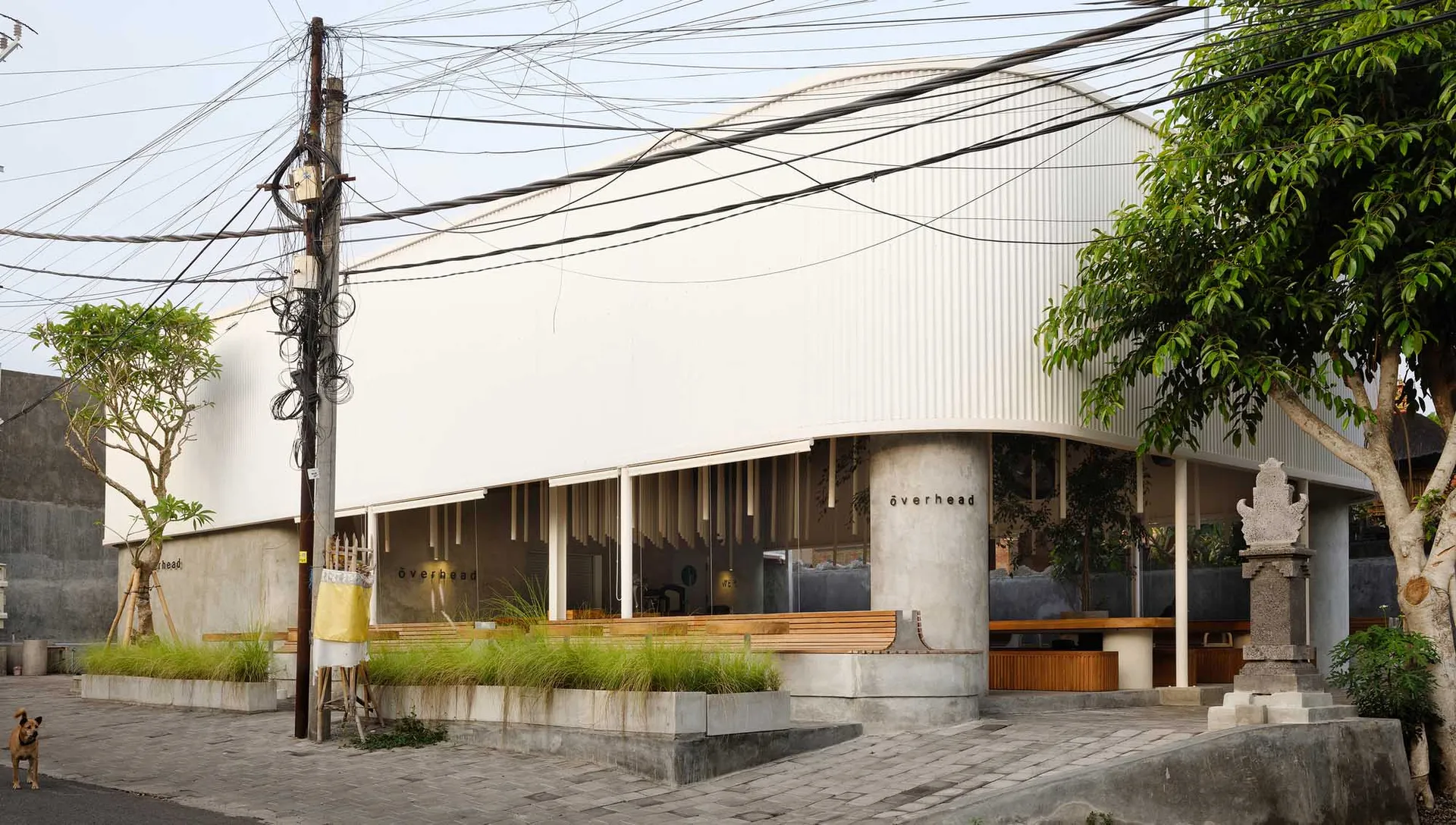 Modern, minimalist cafe exterior with concrete and glass materials, featuring clean lines and a sleek design