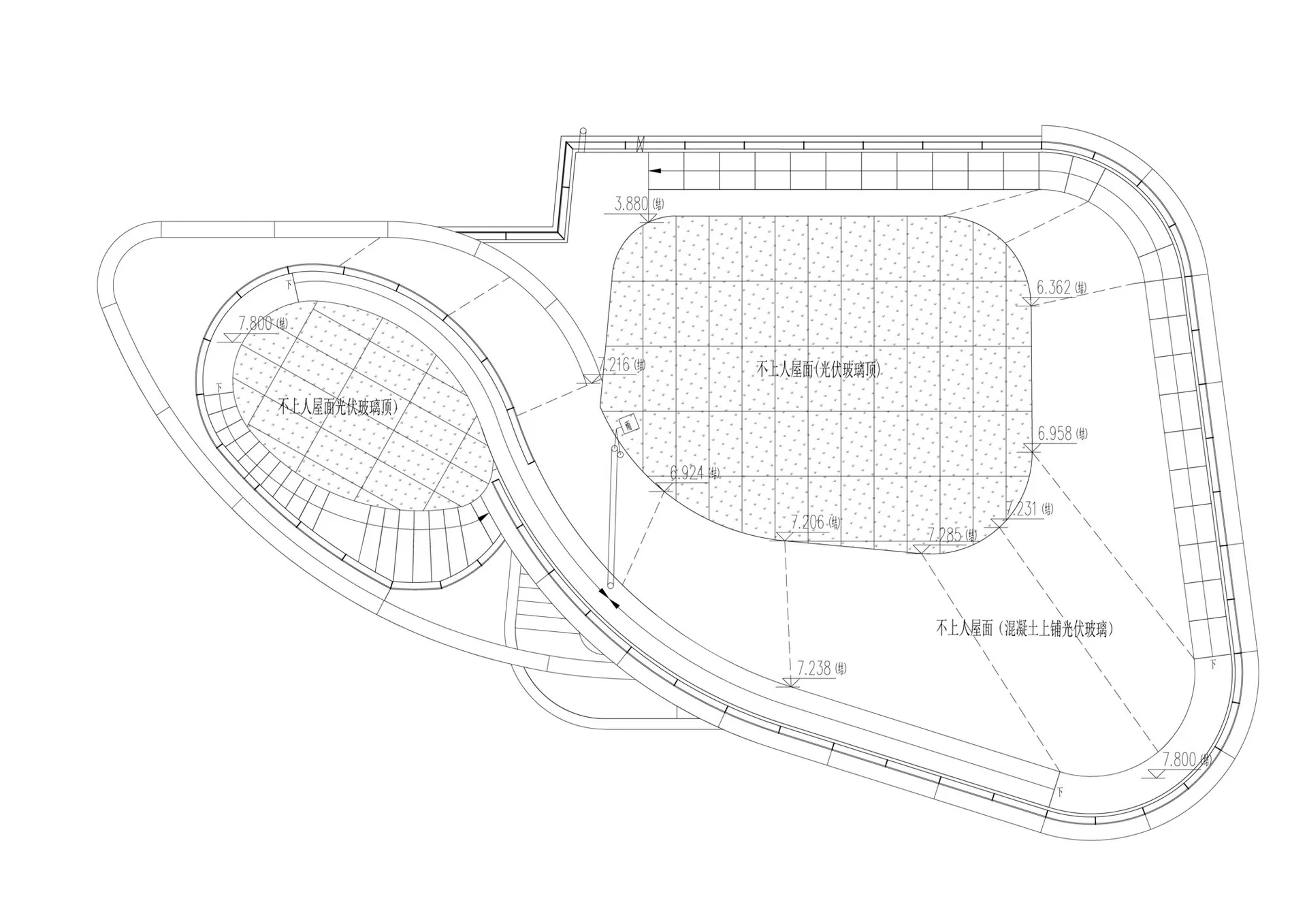Building section plan with detailed glass roofing design.