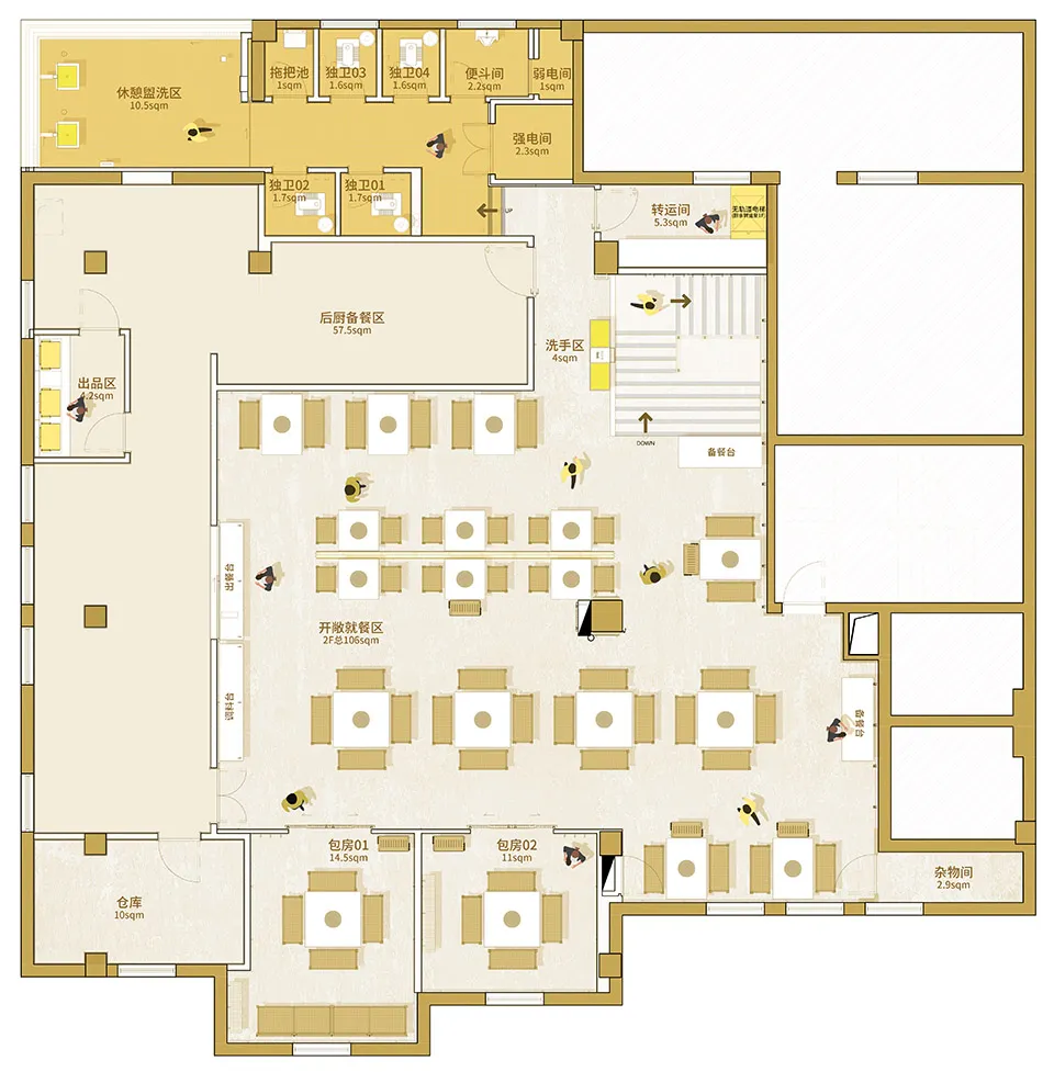 Floor plan of a restaurant interior with tables, chairs, and various functional zones.
