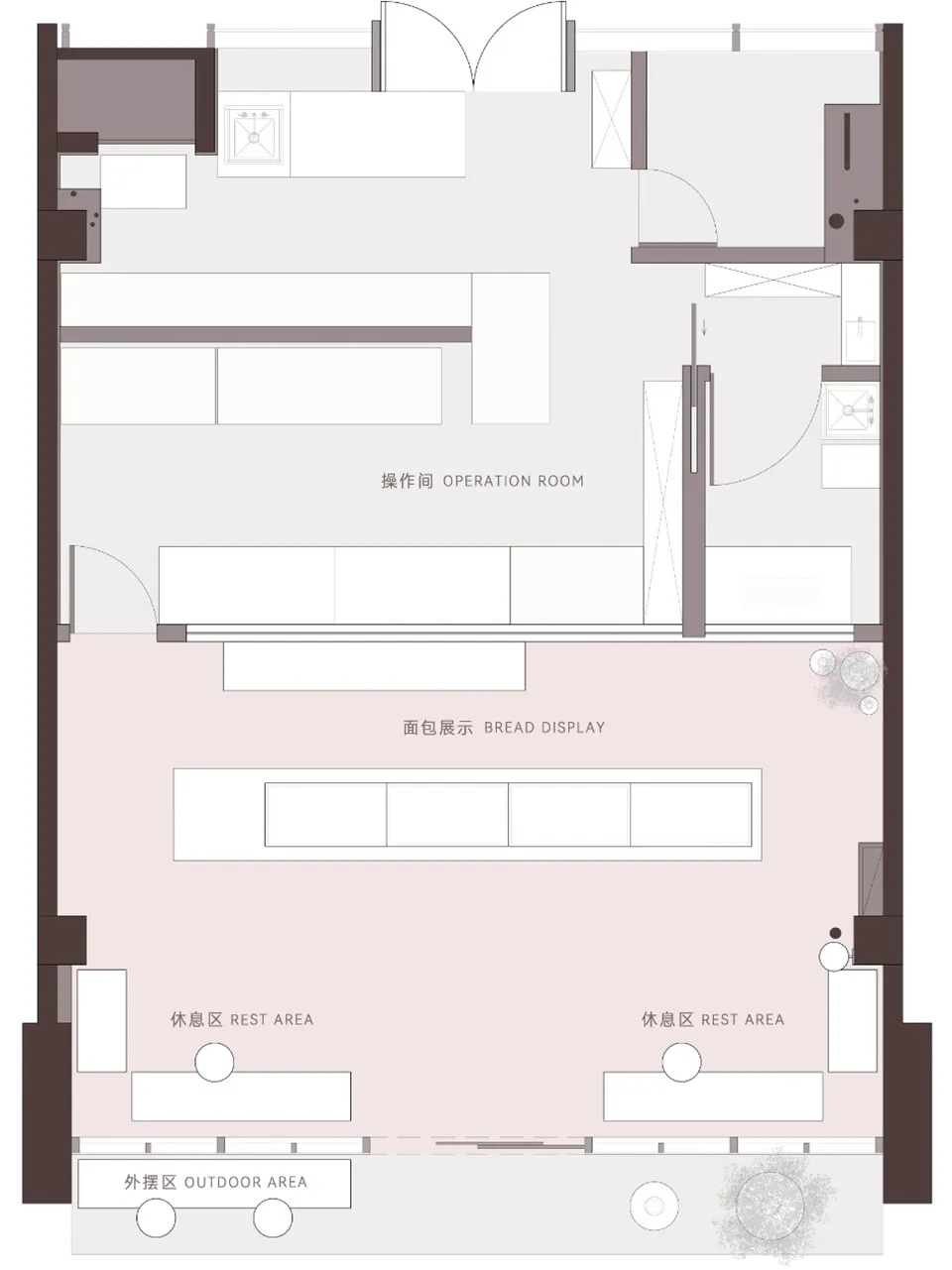 零售空間平面圖,展示營運區域、麵包展示區以及休息區。