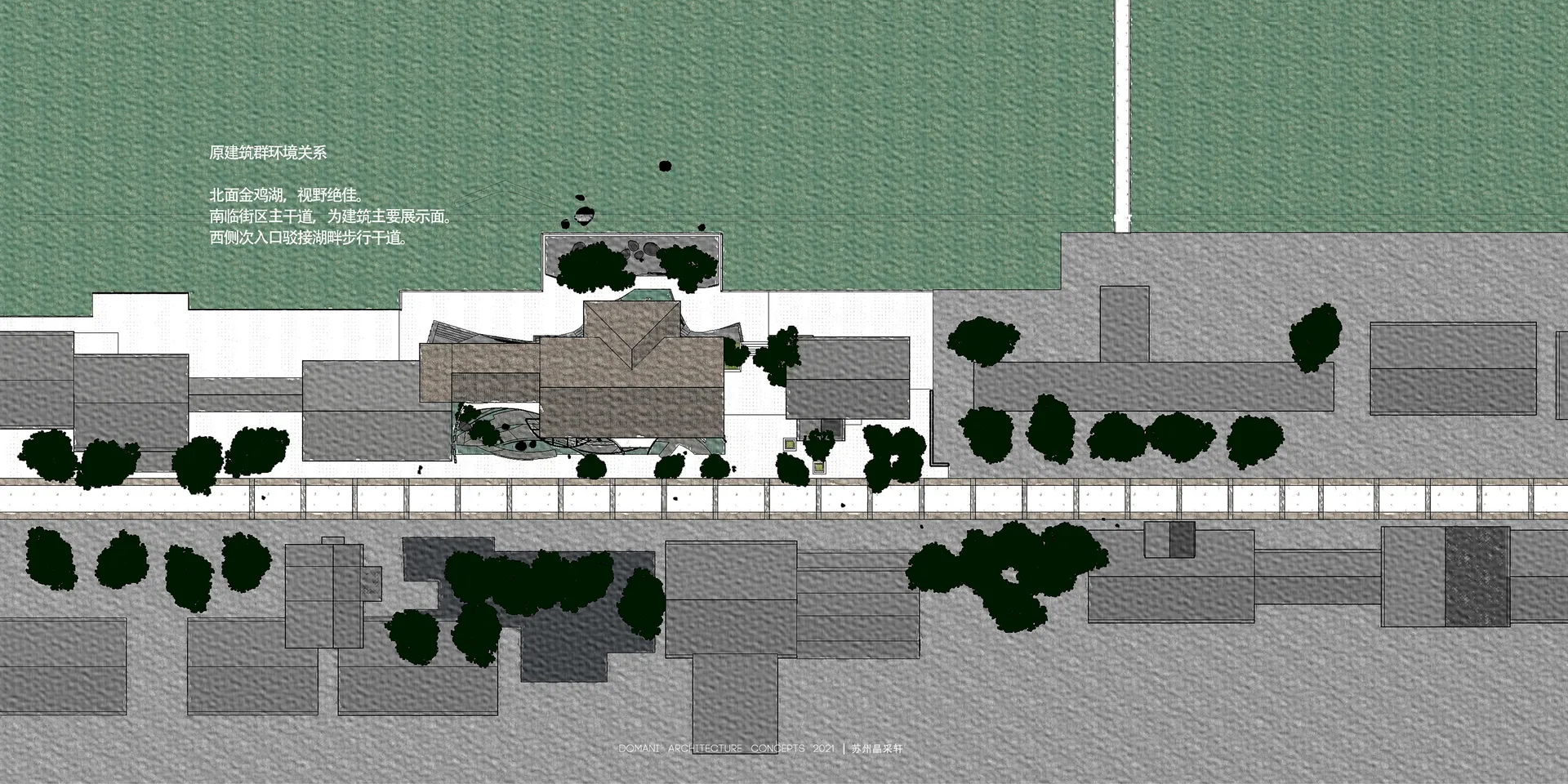 Architectural rendering of a lakeside residential retreat featuring natural elements, pathways, and water features.