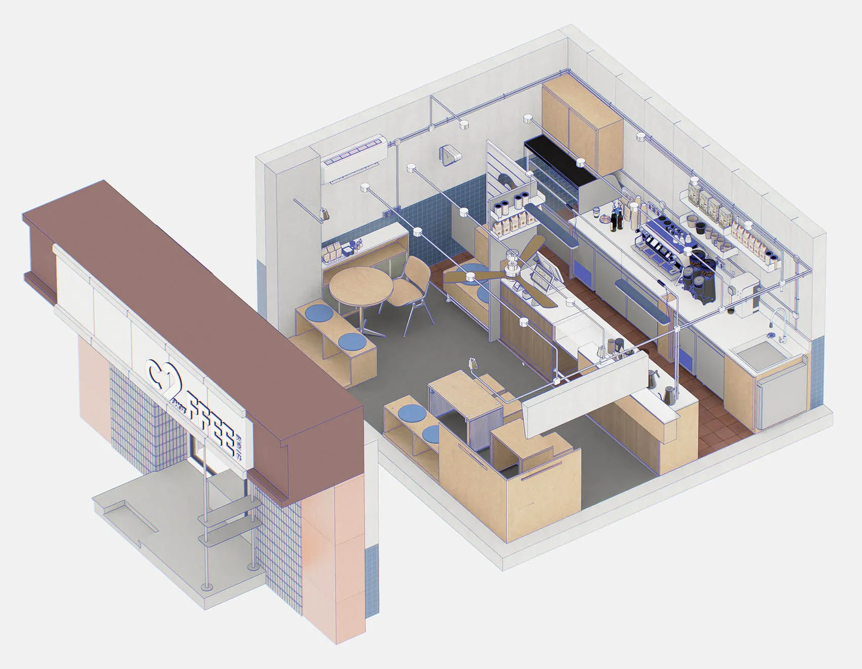 咖啡店平面圖的等角3D渲染圖,呈現木質吧台。
