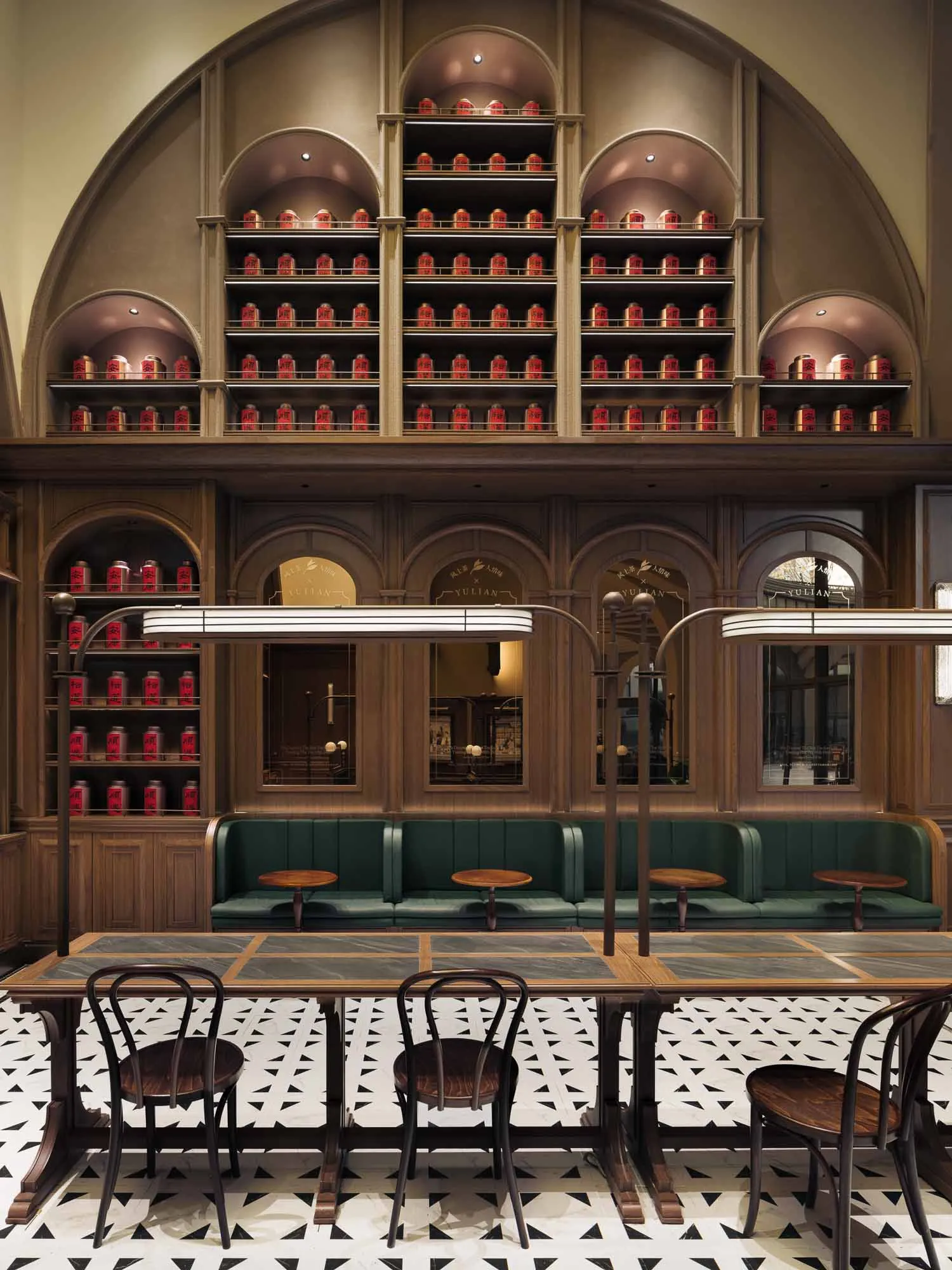 A modern restaurant bar with wooden tables, metal railings, and glass displays.