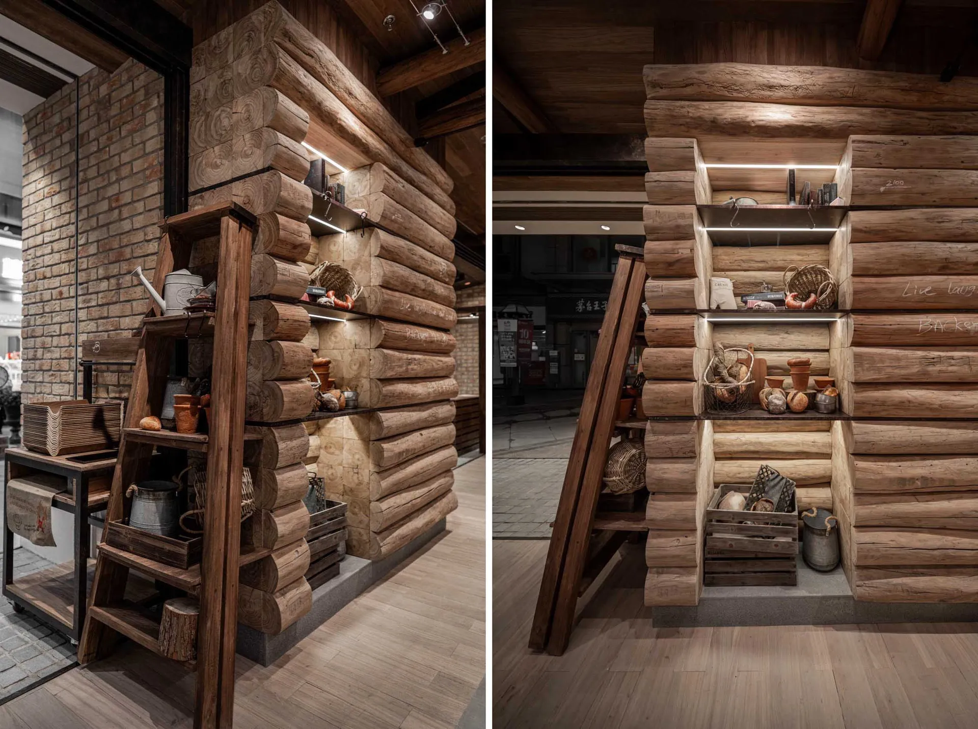 Industrial storefront with rustic log cabin elements, showcasing retail space design.