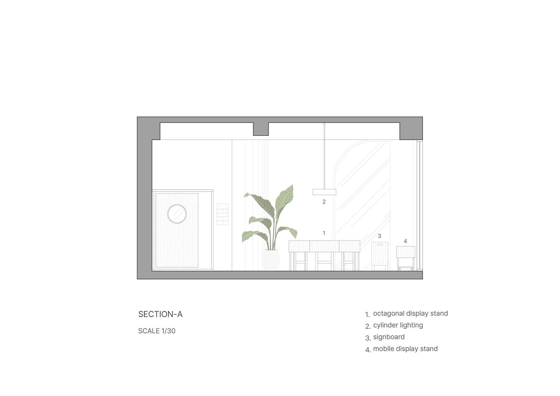 現代零售店室內,搭配木製展示架與植物裝飾。