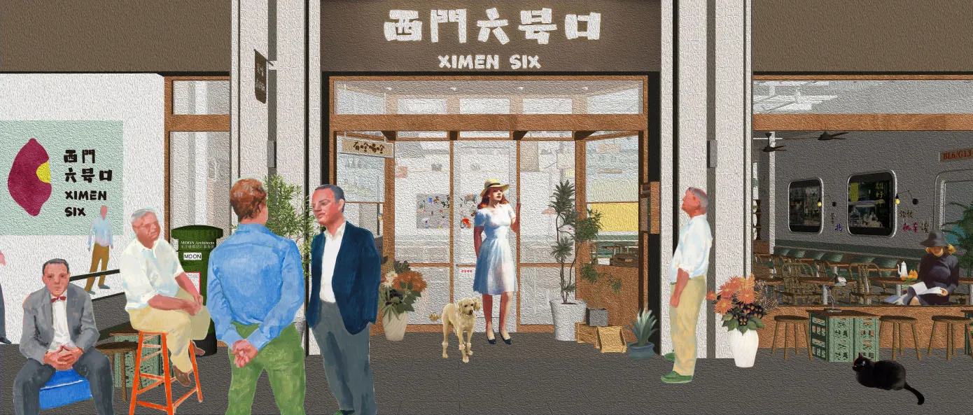 繁忙的都市街景，包含行人、建築物與街道設施。