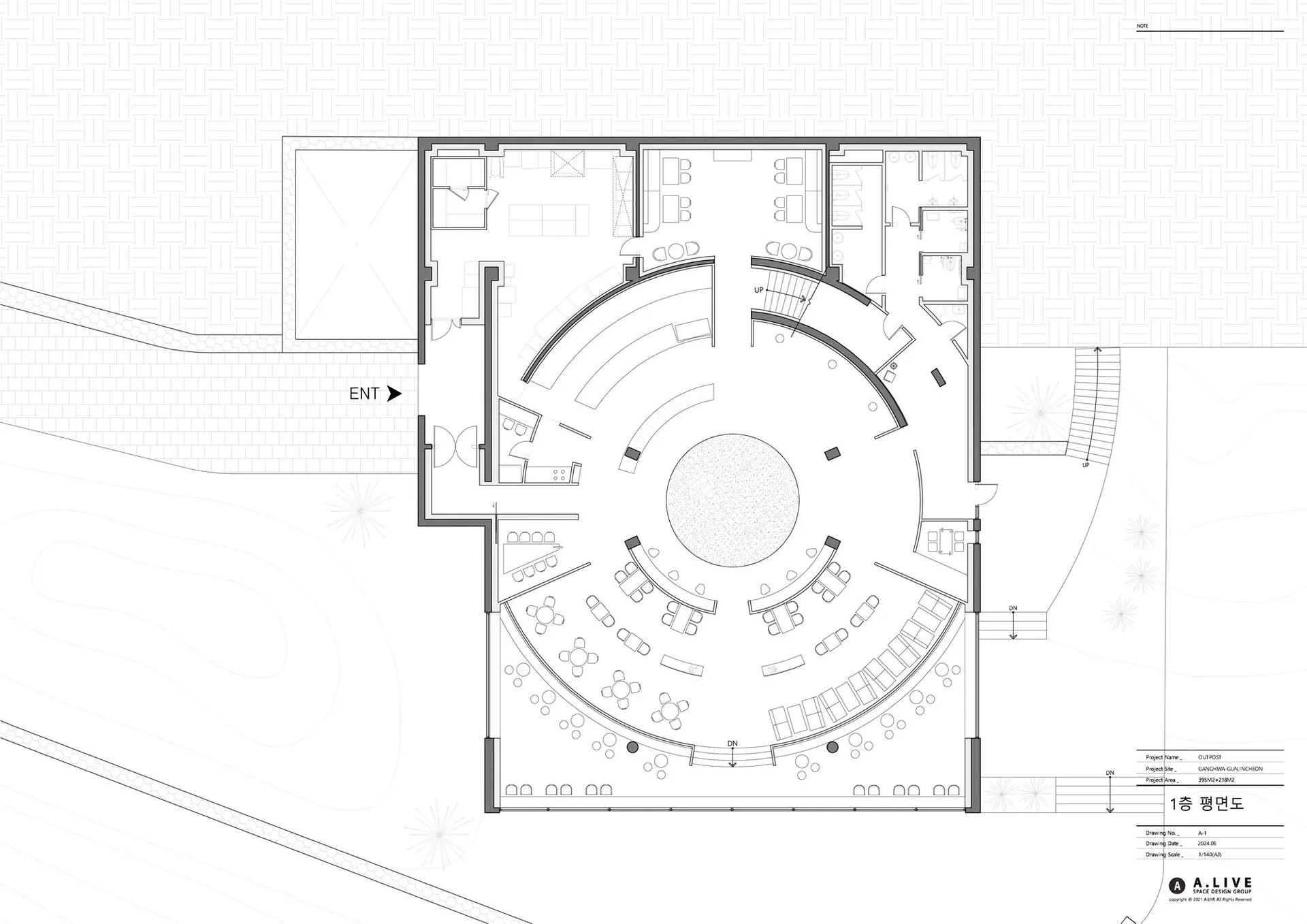 An architectural floor plan showcasing the layout of the Outpost building.
