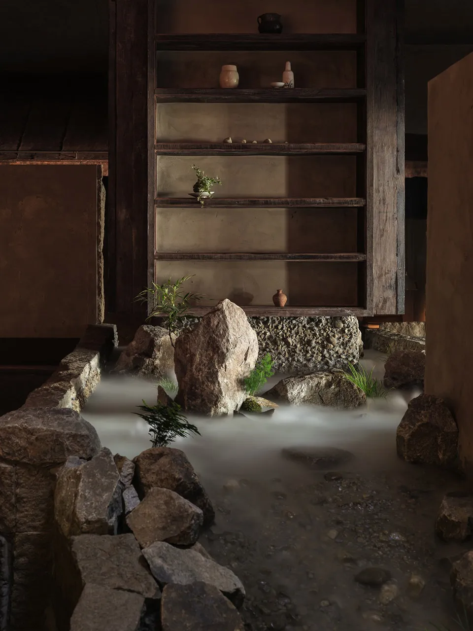 極簡水療室內,搭配水景與自然材質