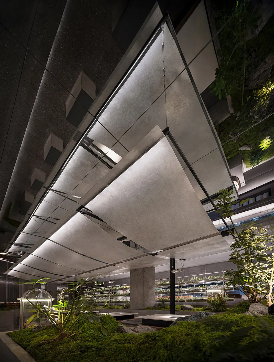 Industrial-style greenhouse with a steel roof, concrete walls, and plants.