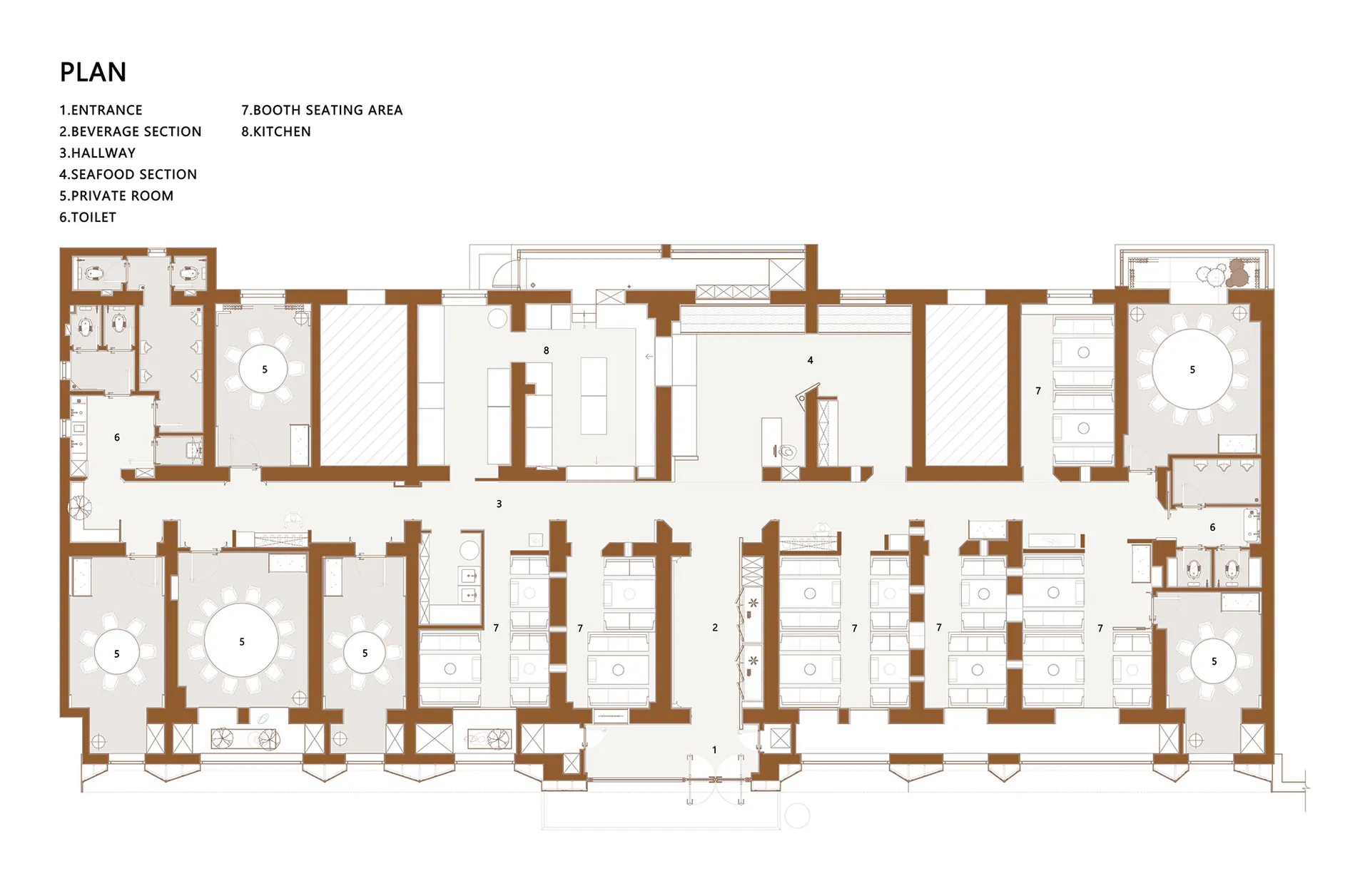 A detailed architectural layout of a restaurant with a neutral color scheme, showing sections such as entrance, beverage area