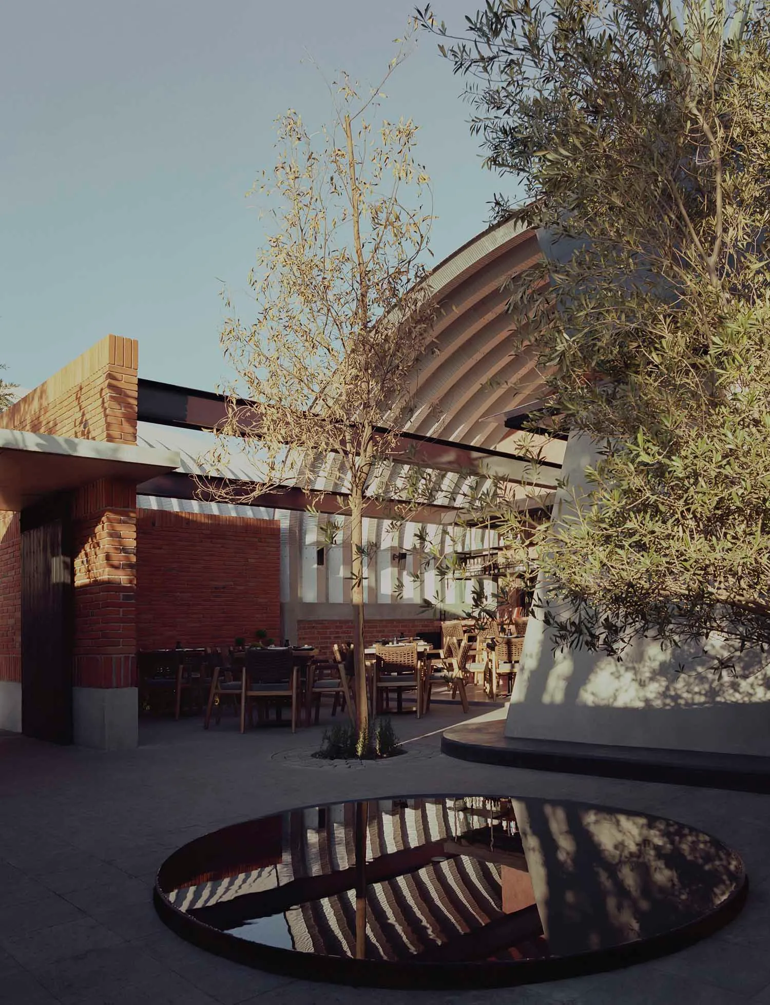 A modern restaurant exterior with concrete walls and a tree in the center of a paved area.