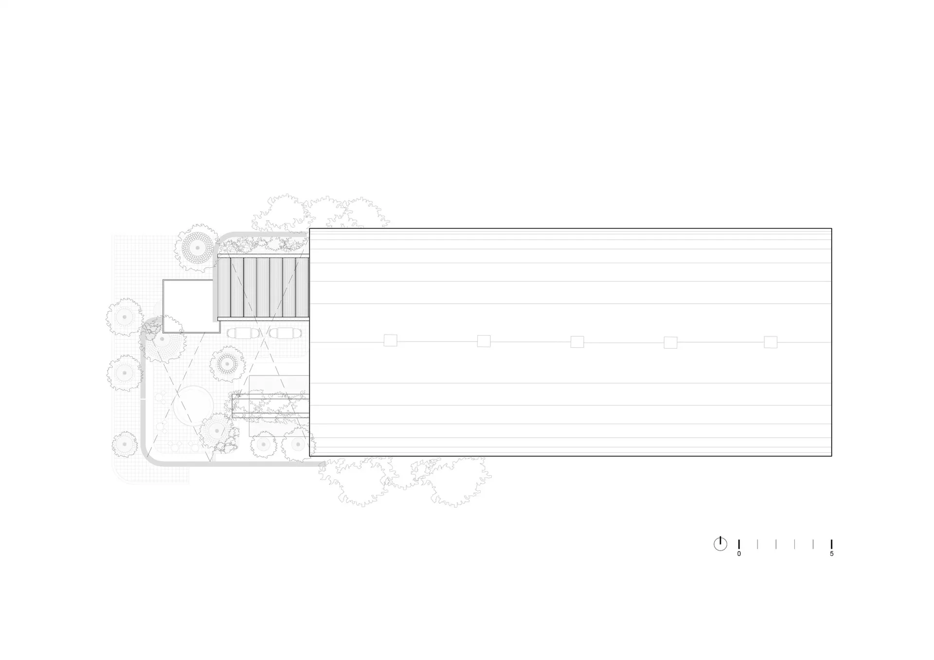 Outdoor space plan with pavement detailing, layout, and surrounding landscaping.