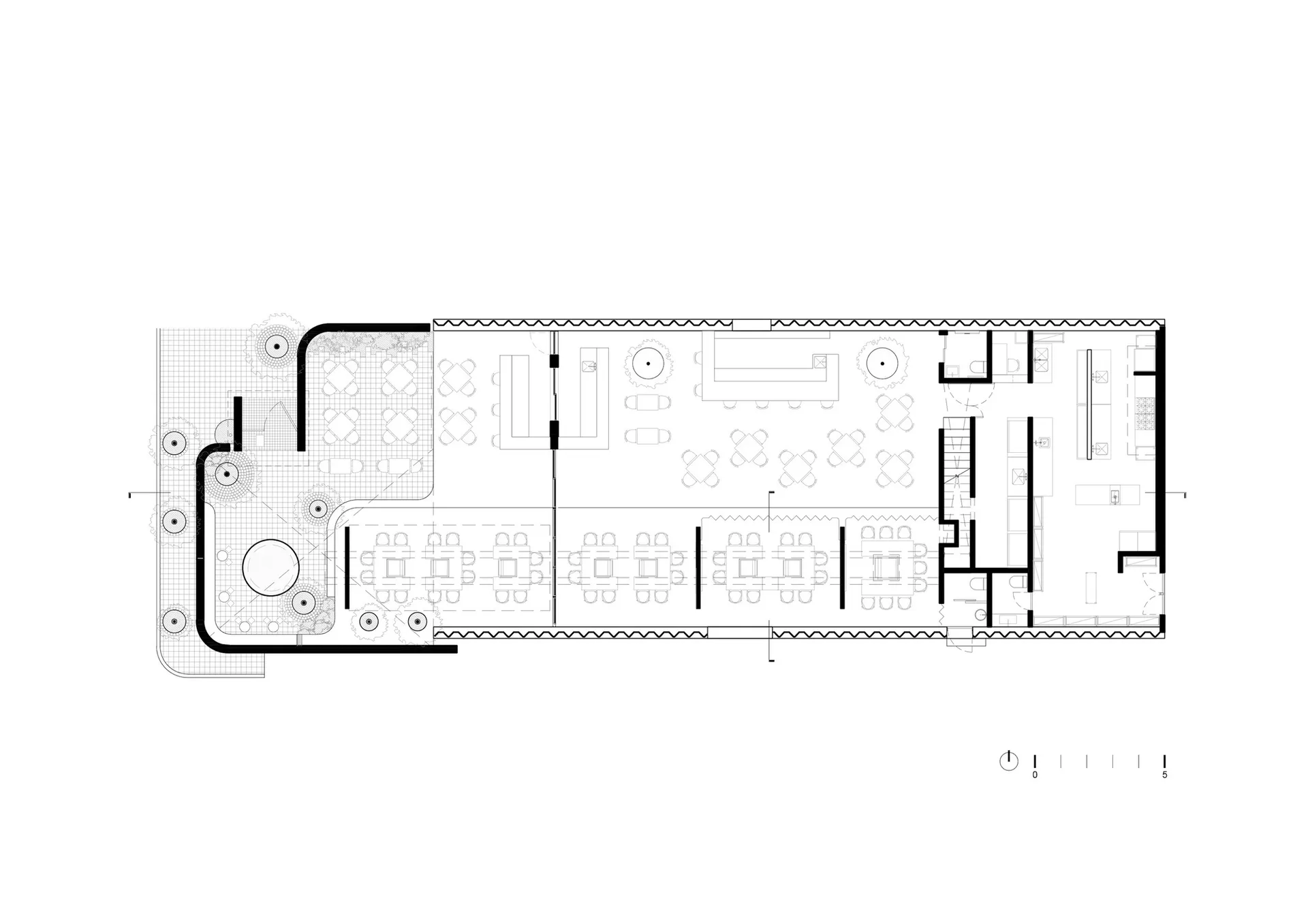 餐廳室內的2D建築圖,呈現鋼構、混凝土、玻璃與木質材料。