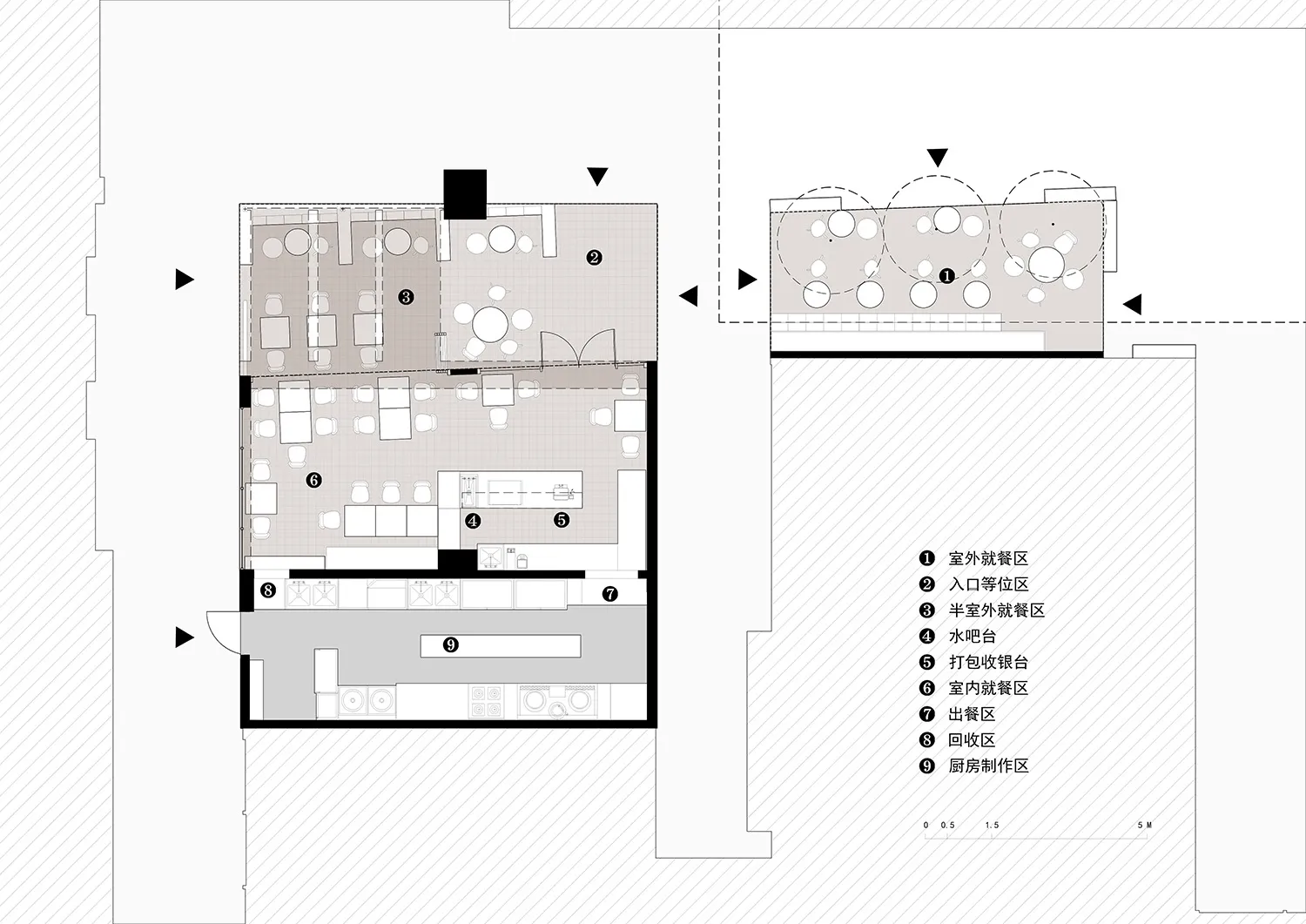 一張詳細的2D建築圖，展示緊湊餐廳室內的各個用餐區域與功能分區
