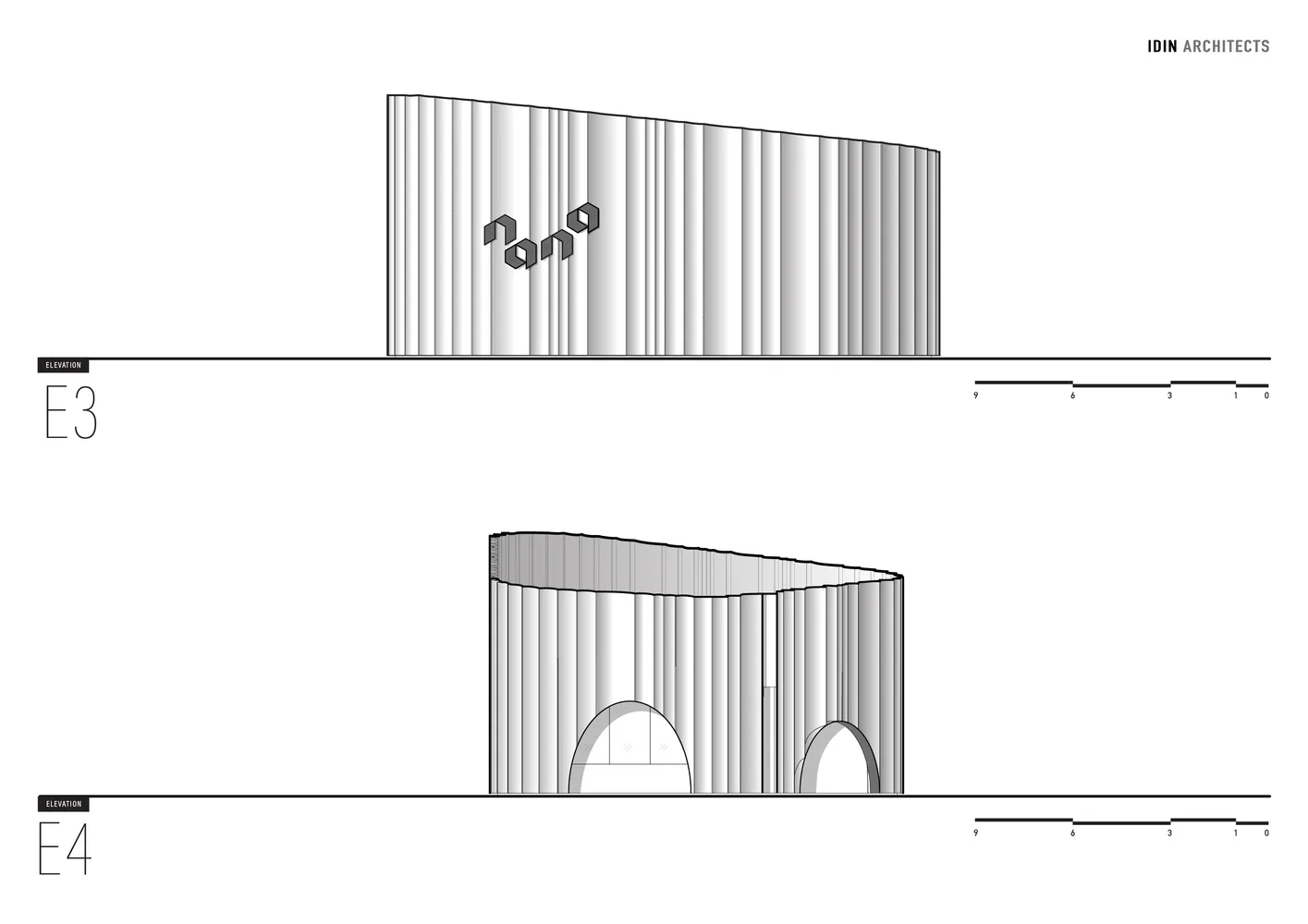 Elevation views of a modern building with a metal facade.