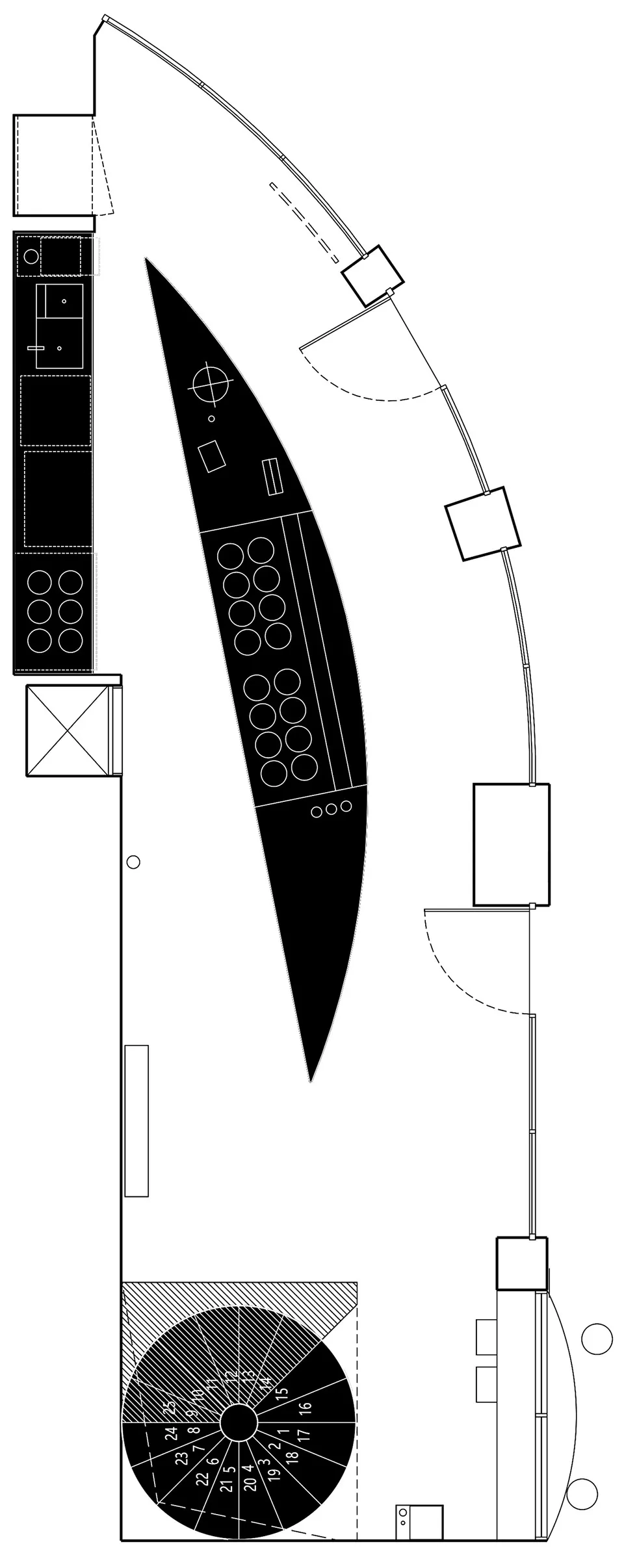 Black and white architectural floor plan of a modern building
