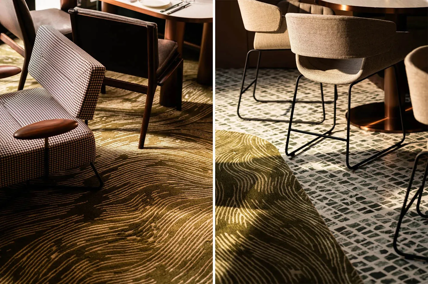 A modern restaurant with patterned carpet, featuring contemporary chairs and tables.
