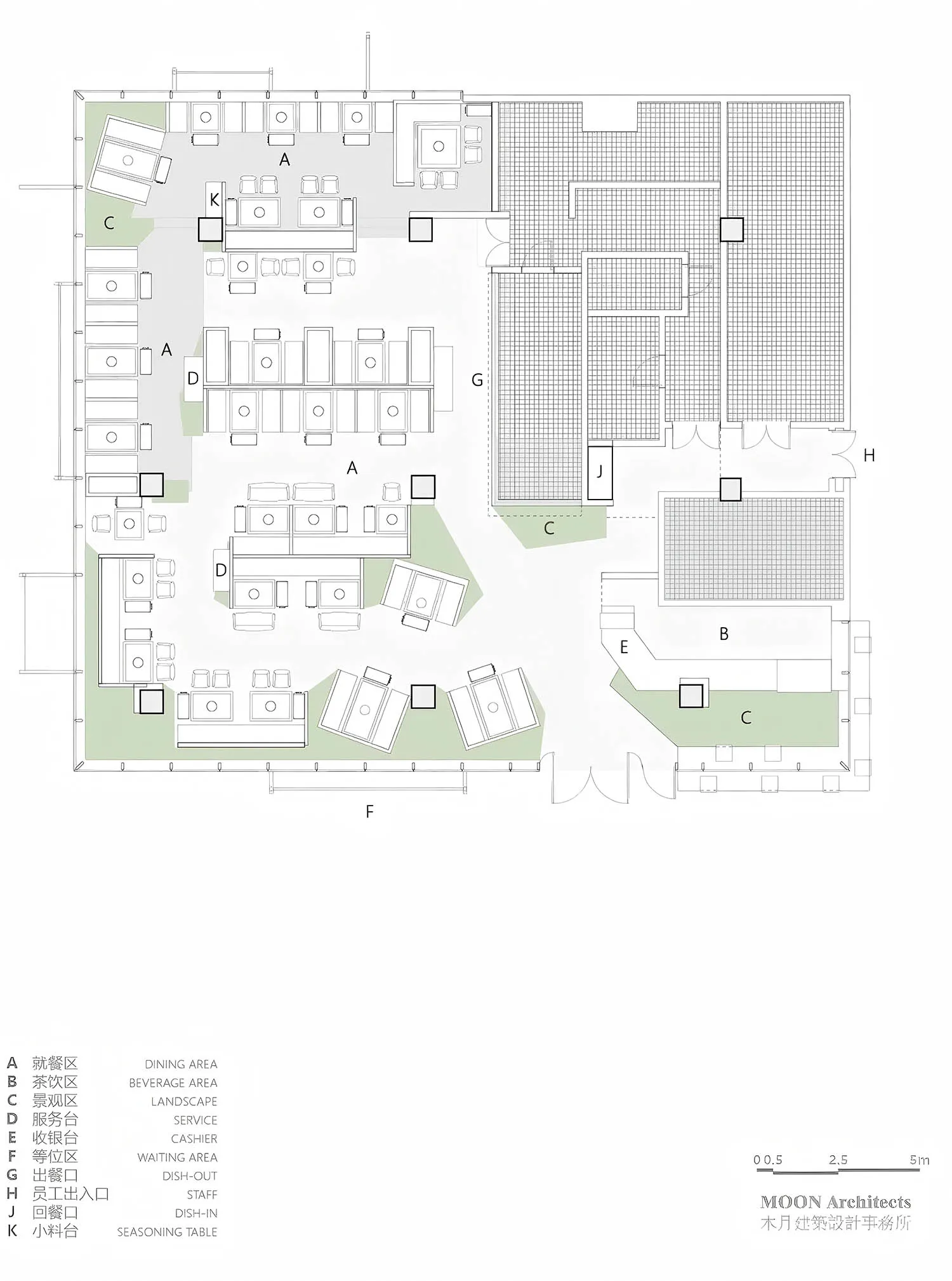一張詳細的餐廳平面 2D 建築圖，採用中性色系。
