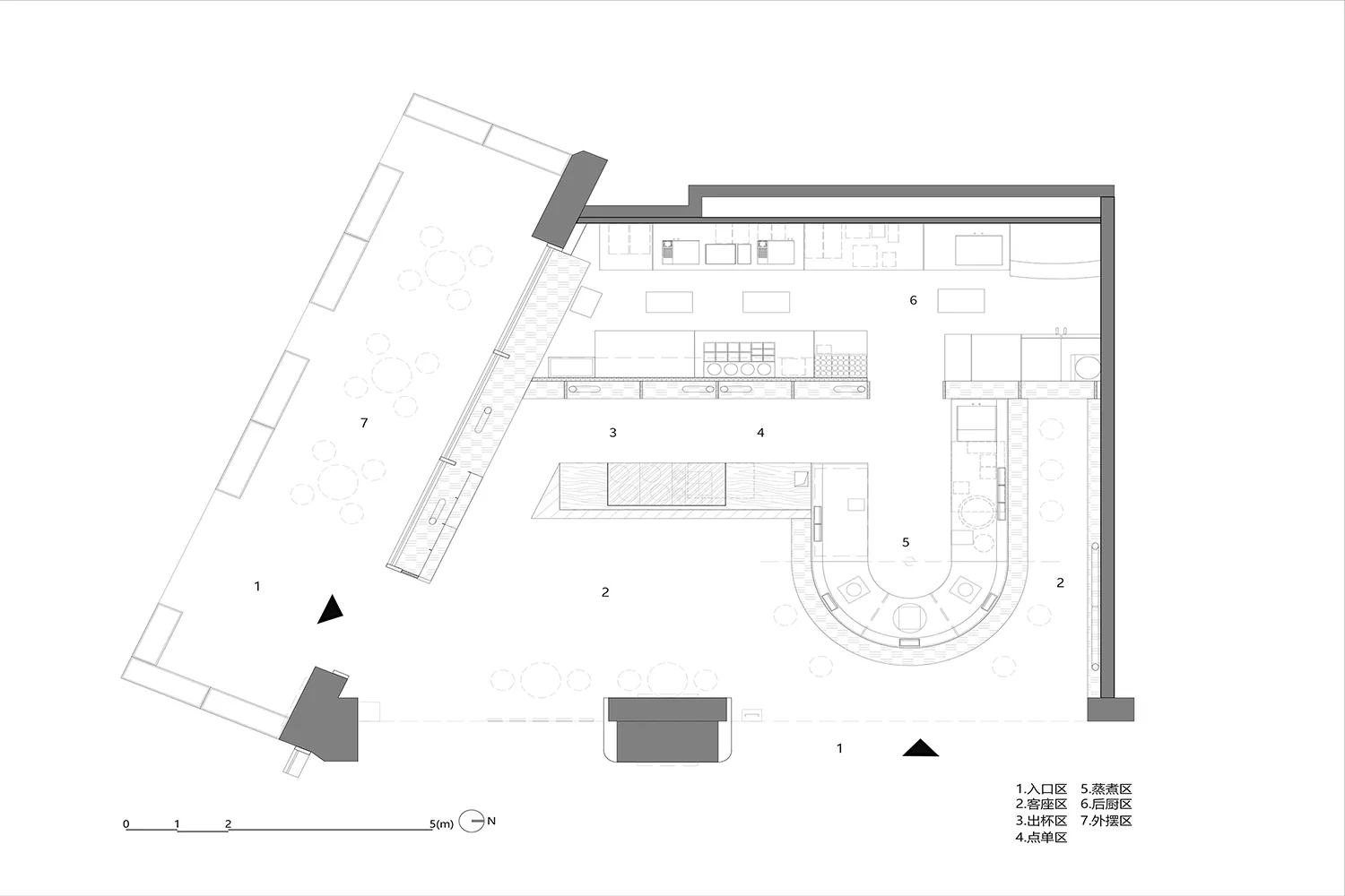 一張詳細的2D建築圖,描繪現代餐廳室內採用木質、混凝土與金屬材質。