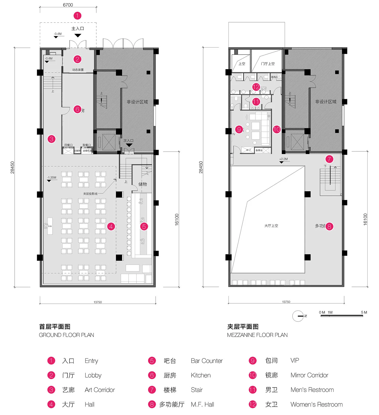 辦公室一樓與夾層的詳細俯視藍圖,標註各個房間與區域