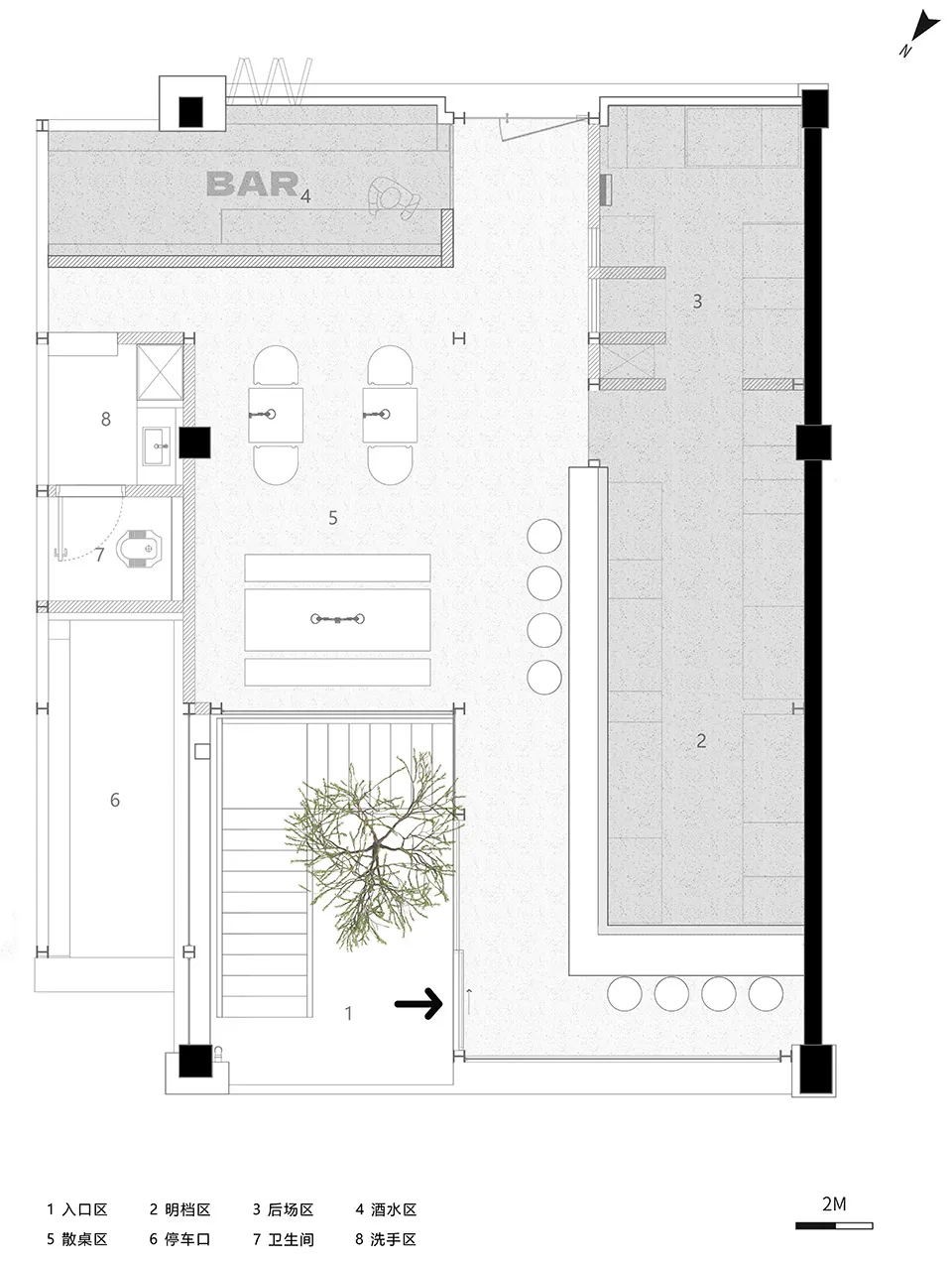Industrial-style floor plan of a restaurant bar with concrete flooring, open space, and bar area.