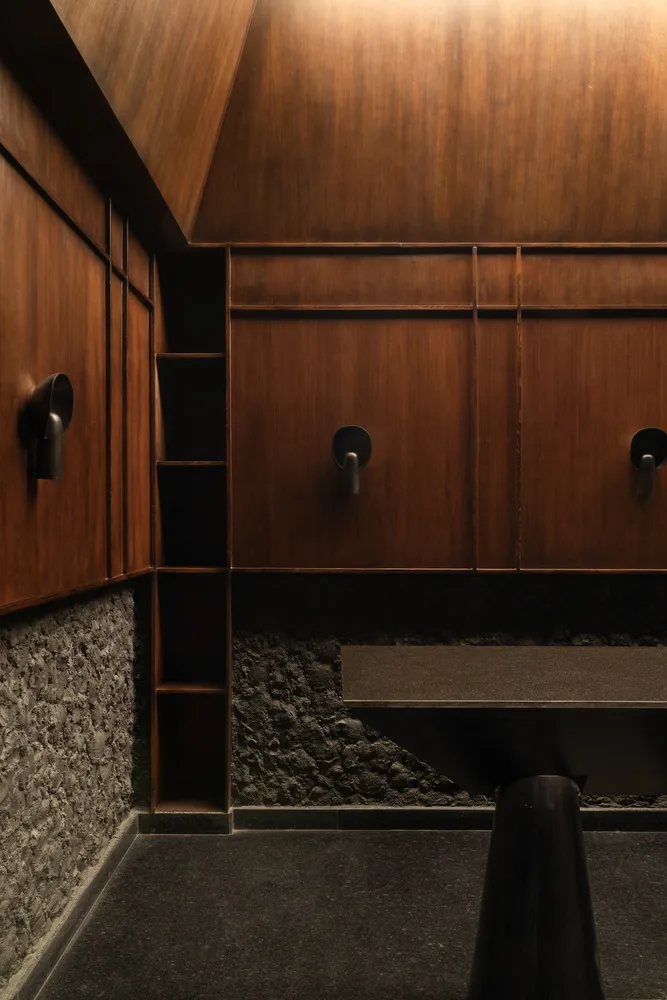 Modern bathroom with wooden walls and floor, featuring built-in shelves and minimalist lighting.