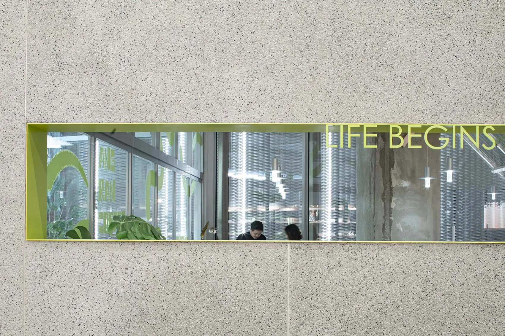 A modern office space featuring a glass wall with a green leafy plant and a motivational quote 'LIFE BEGINS HERE'.