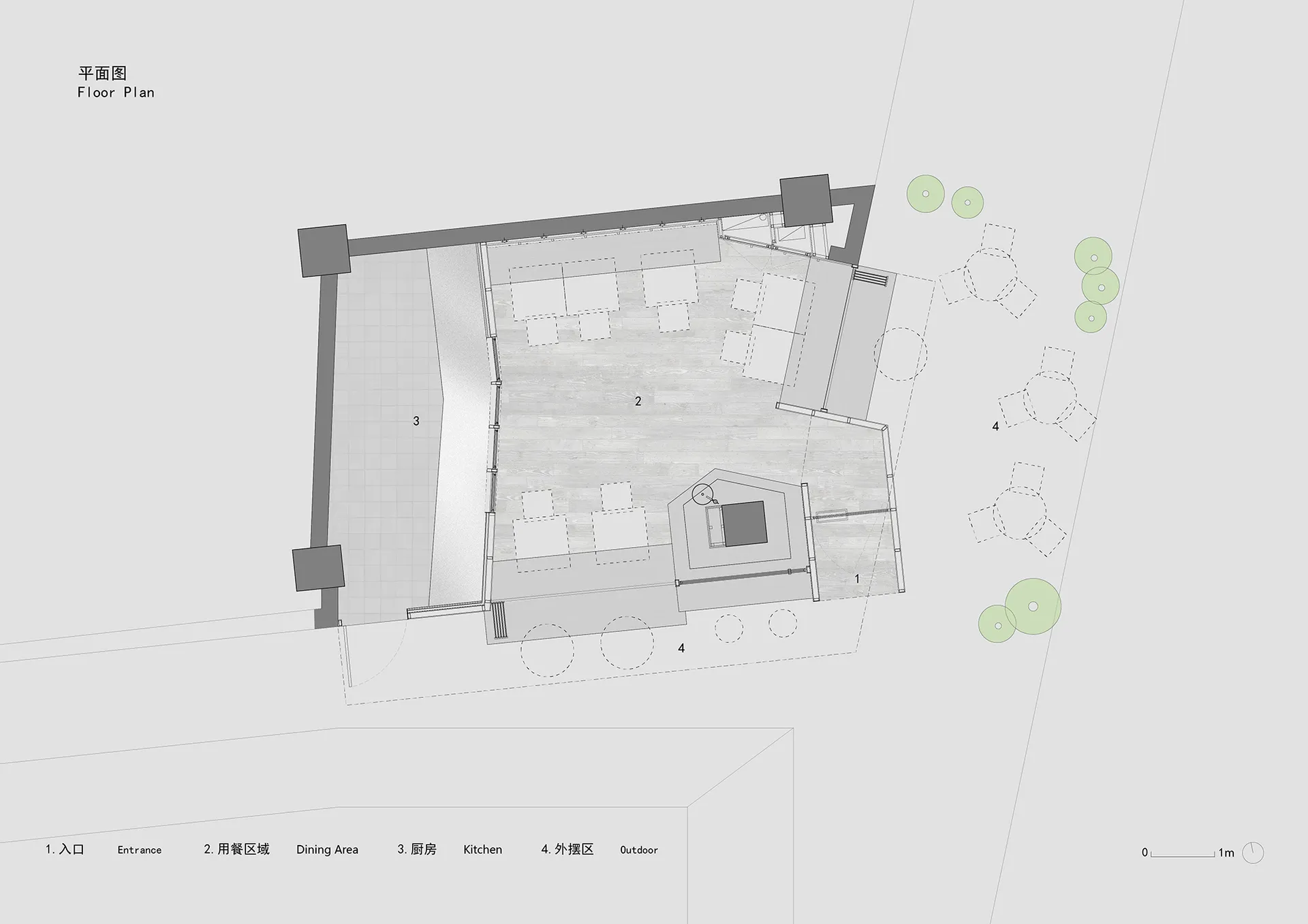 木質餐廳室內平面圖，包含用餐座位區、餐桌以及戶外座位區。