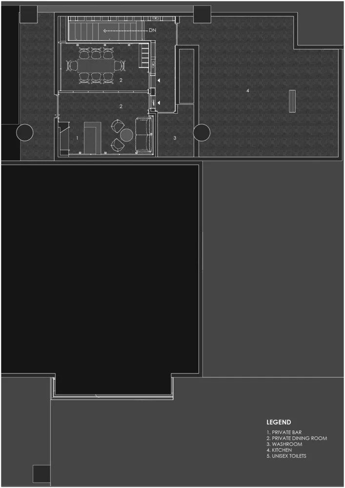 A detailed floor plan of a private bar and dining room with concrete flooring.