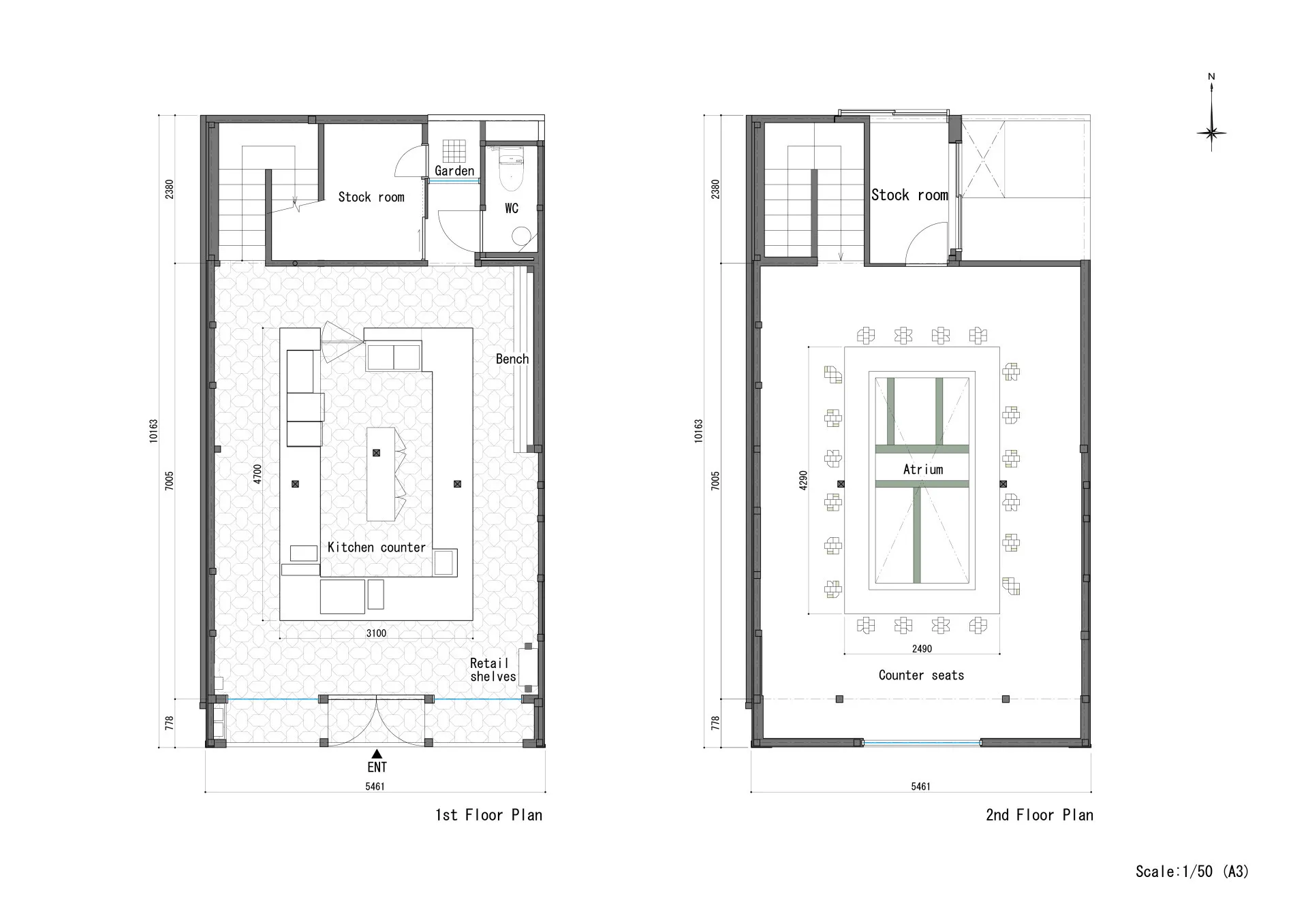 現代室內建築平面圖,展示廚房、餐廳與座位區。