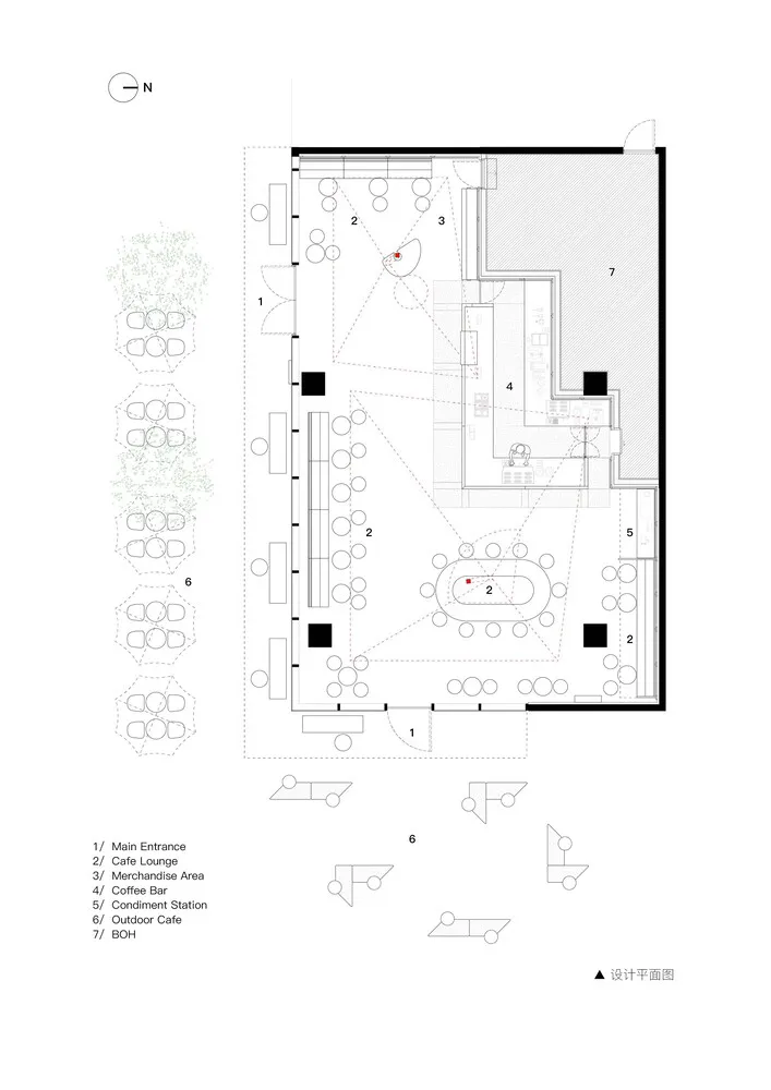 2D architectural plan of a cafe lounge layout showing various seating arrangements and functional zones.