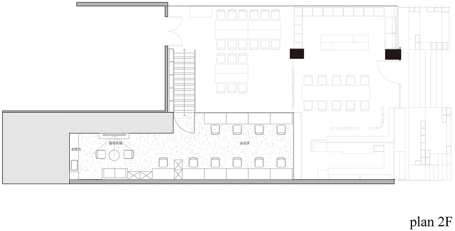 Floor plan detailing an office space layout with desks, chairs, and meeting areas.