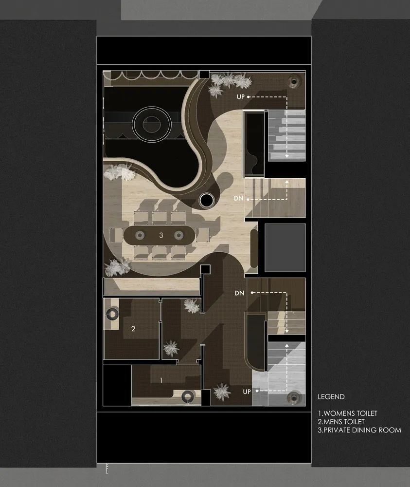 私人餐廳木地板的詳細2D建築平面圖,展示如廁所等功能區域