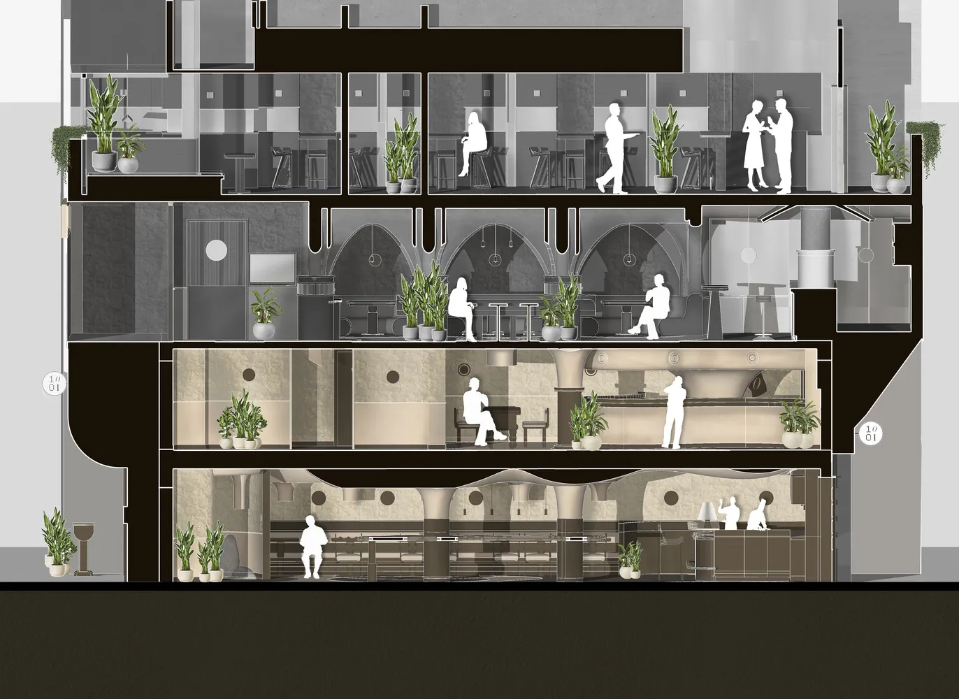 A cross-sectional view of a modern restaurant interior, featuring various seating arrangements, plants, and counter spaces.