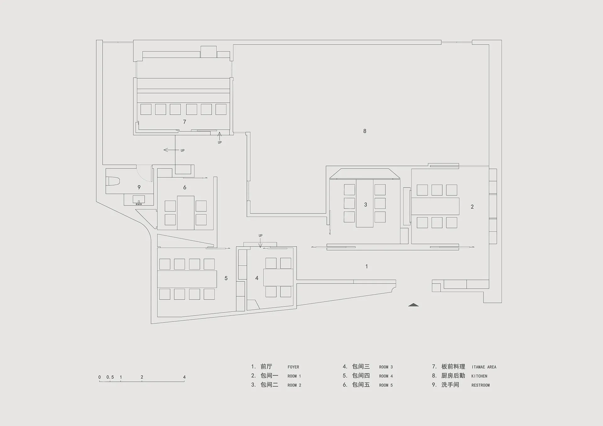 A detailed floor plan of a restaurant showcasing various rooms and sections.