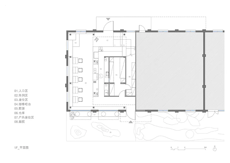 A detailed floor plan of a cafe bar, showing different zones such as entrance, seating, and kitchen areas.