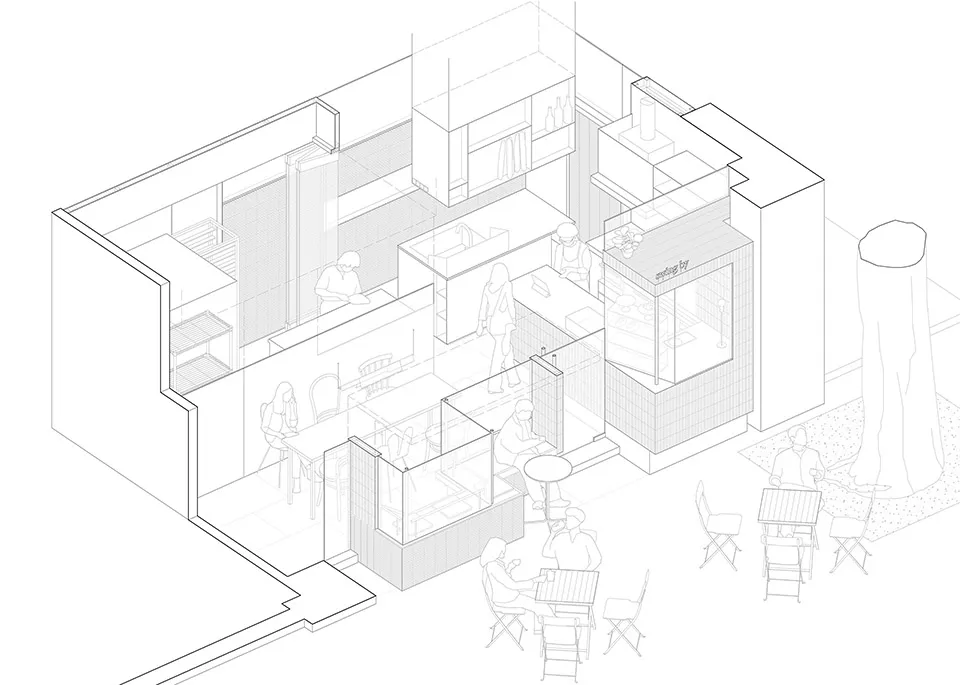 A detailed 2D floor plan of a modern cafe interior with metal, steel, and concrete materials.