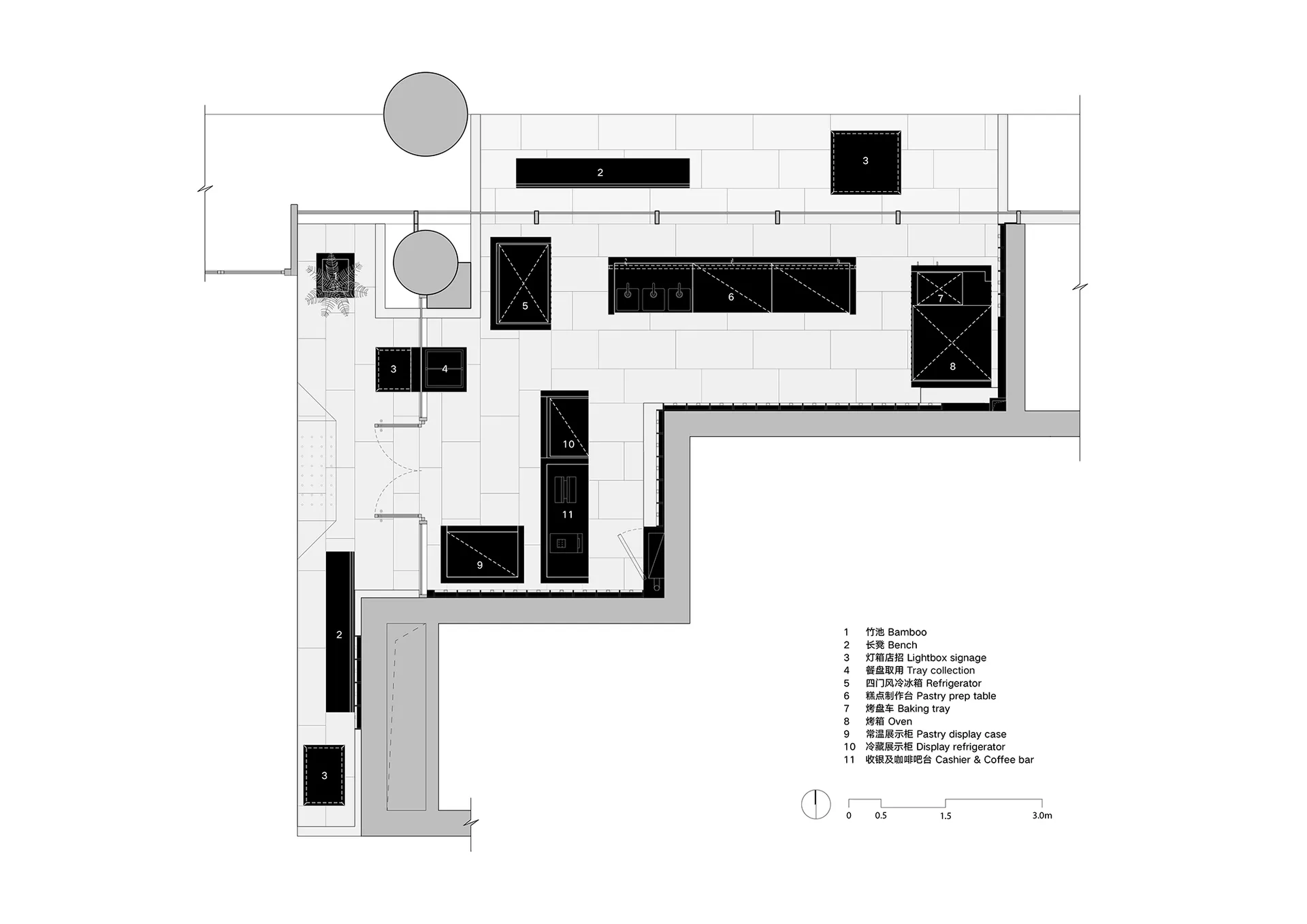 2D architectural drawing of a modern retail storefront with black and white color scheme