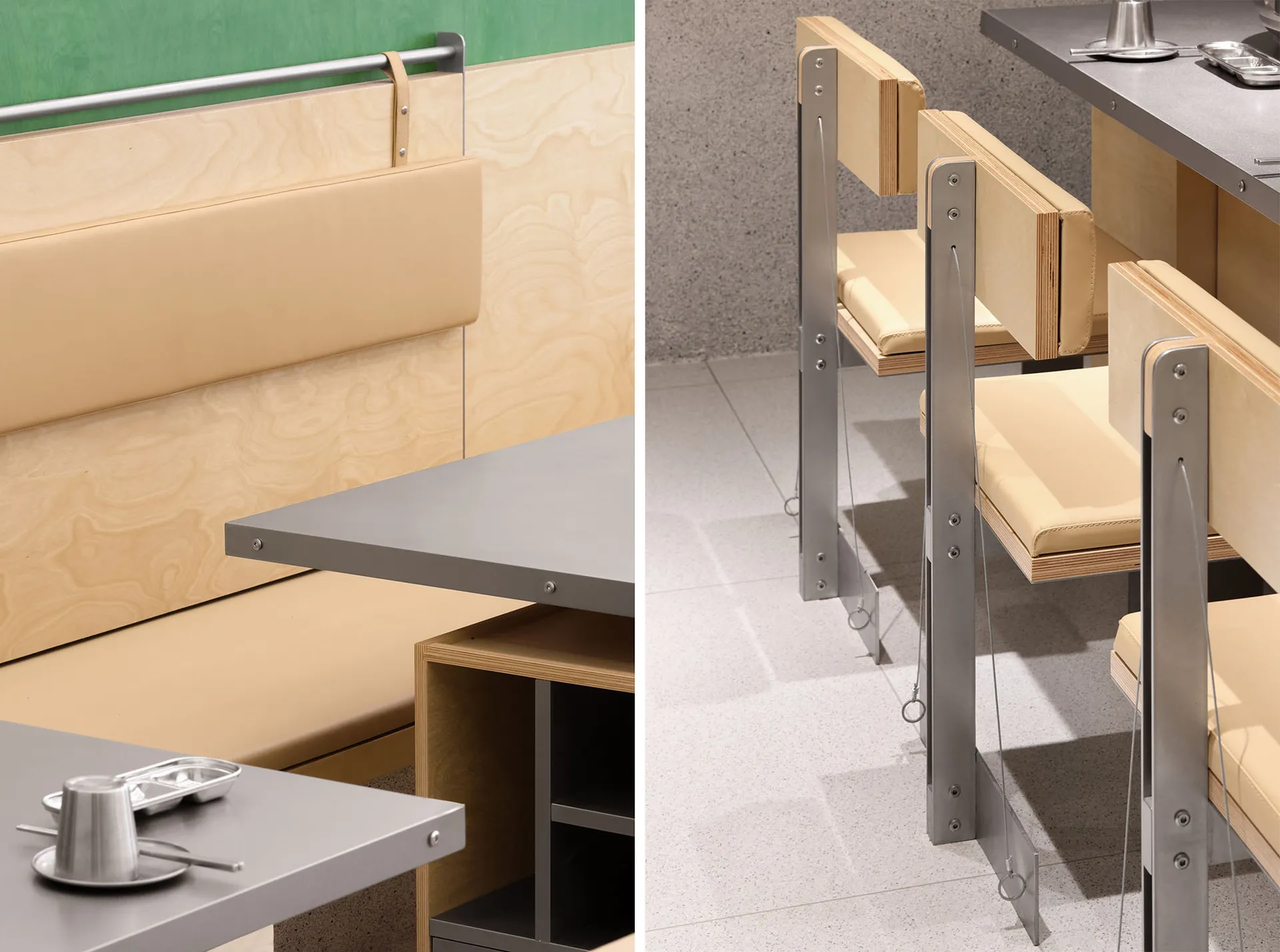 Modern industrial-style restaurant seating made of metal and wood.