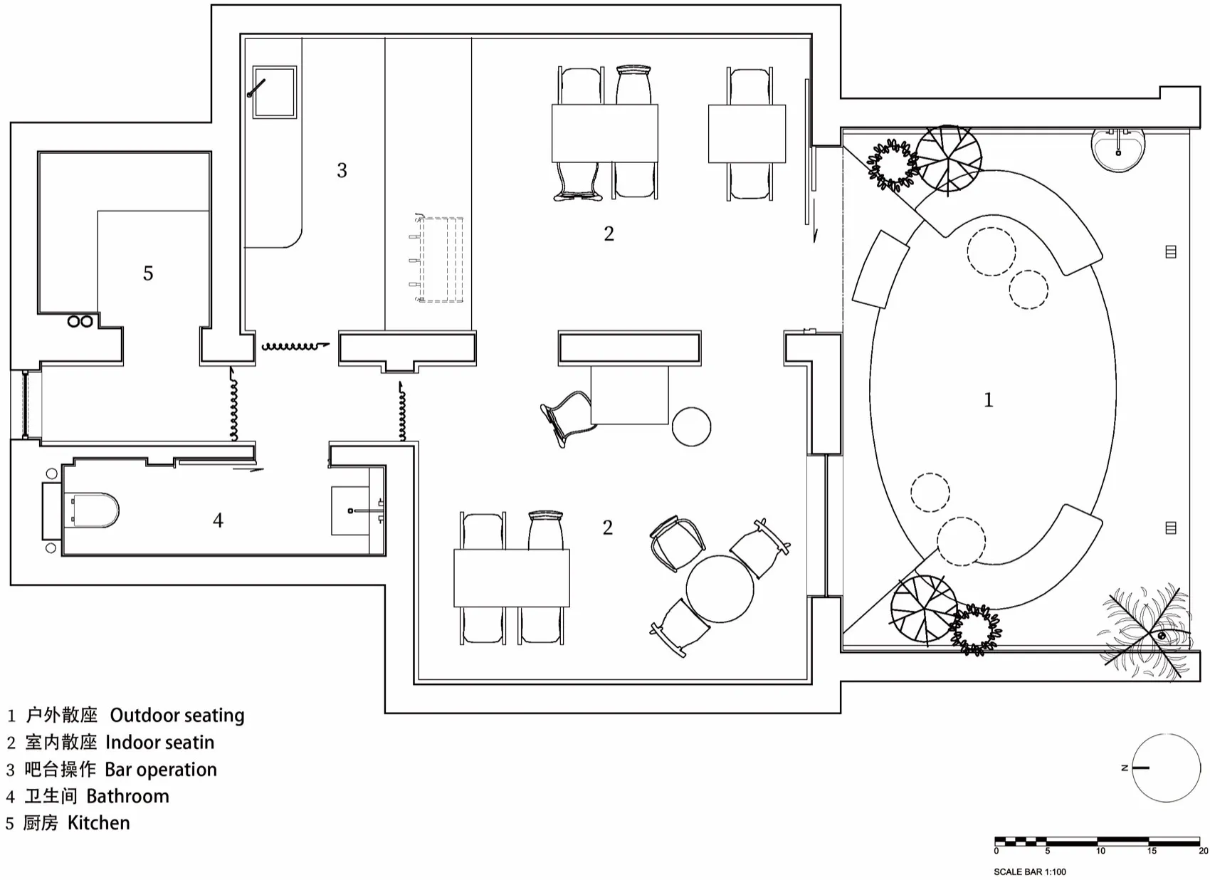 Detailed floor plan of a modern restaurant interior with outdoor seating, indoor seating, bar operation, bathroom, and kitche