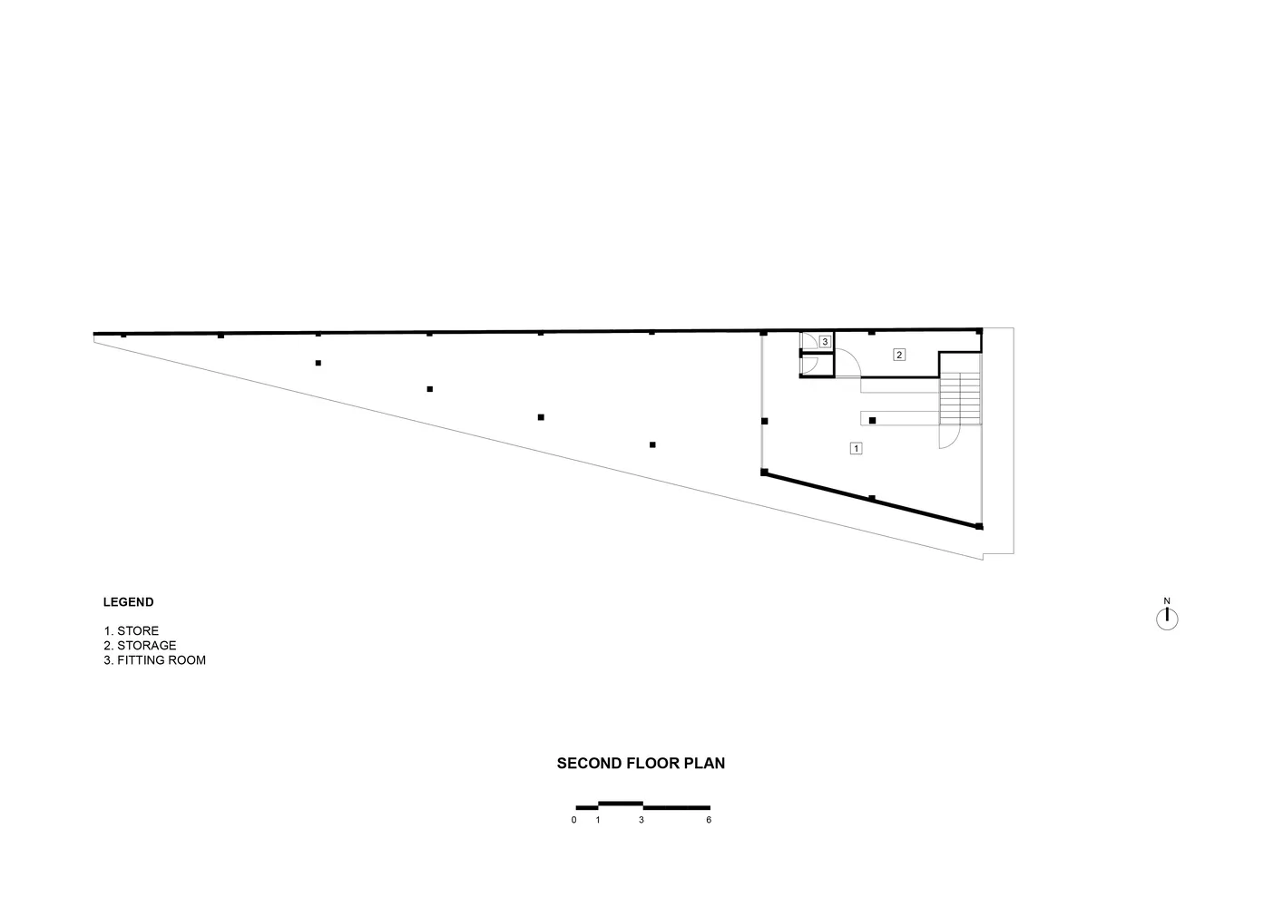 Second floor architectural plan of a commercial building, featuring a long rectangular space.