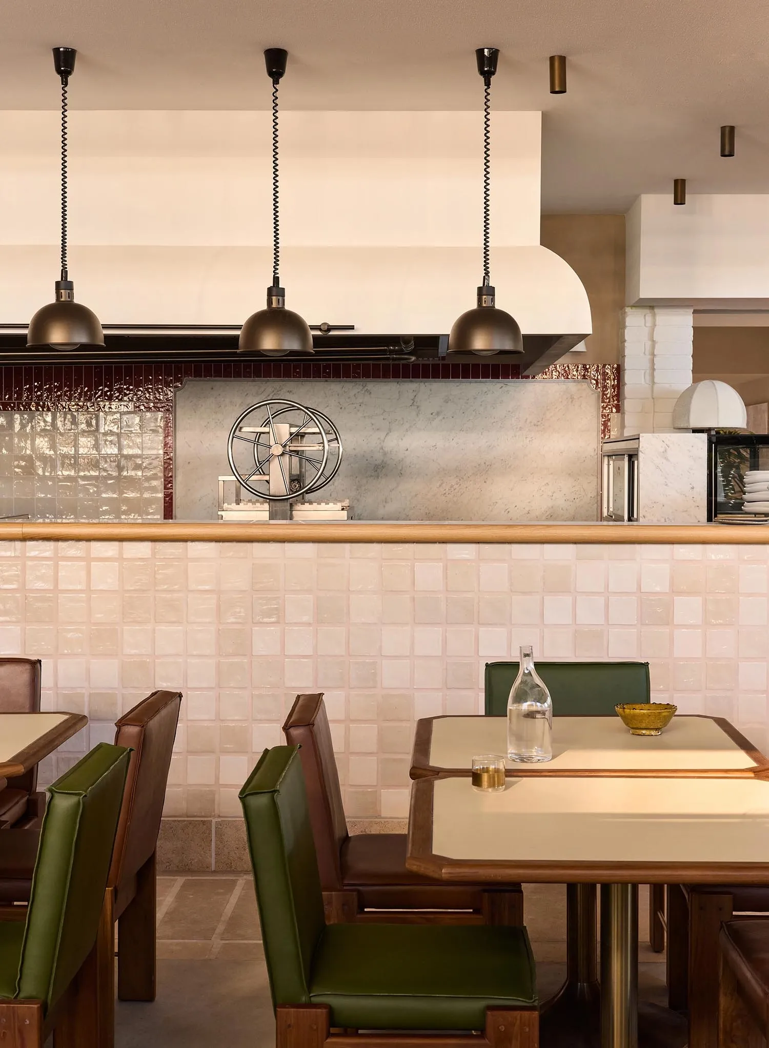 Modern cafe bar interior with ceramic tile wall