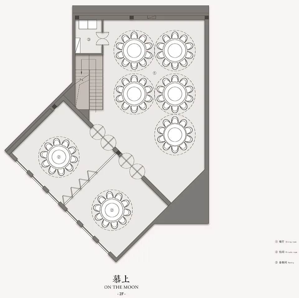 A black and white detailed architectural floor plan of a restaurant dining room.