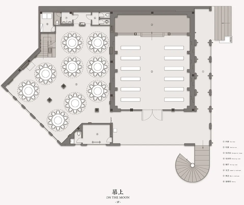 A detailed floor plan of a restaurant featuring white marble countertops and wooden seating arrangements.